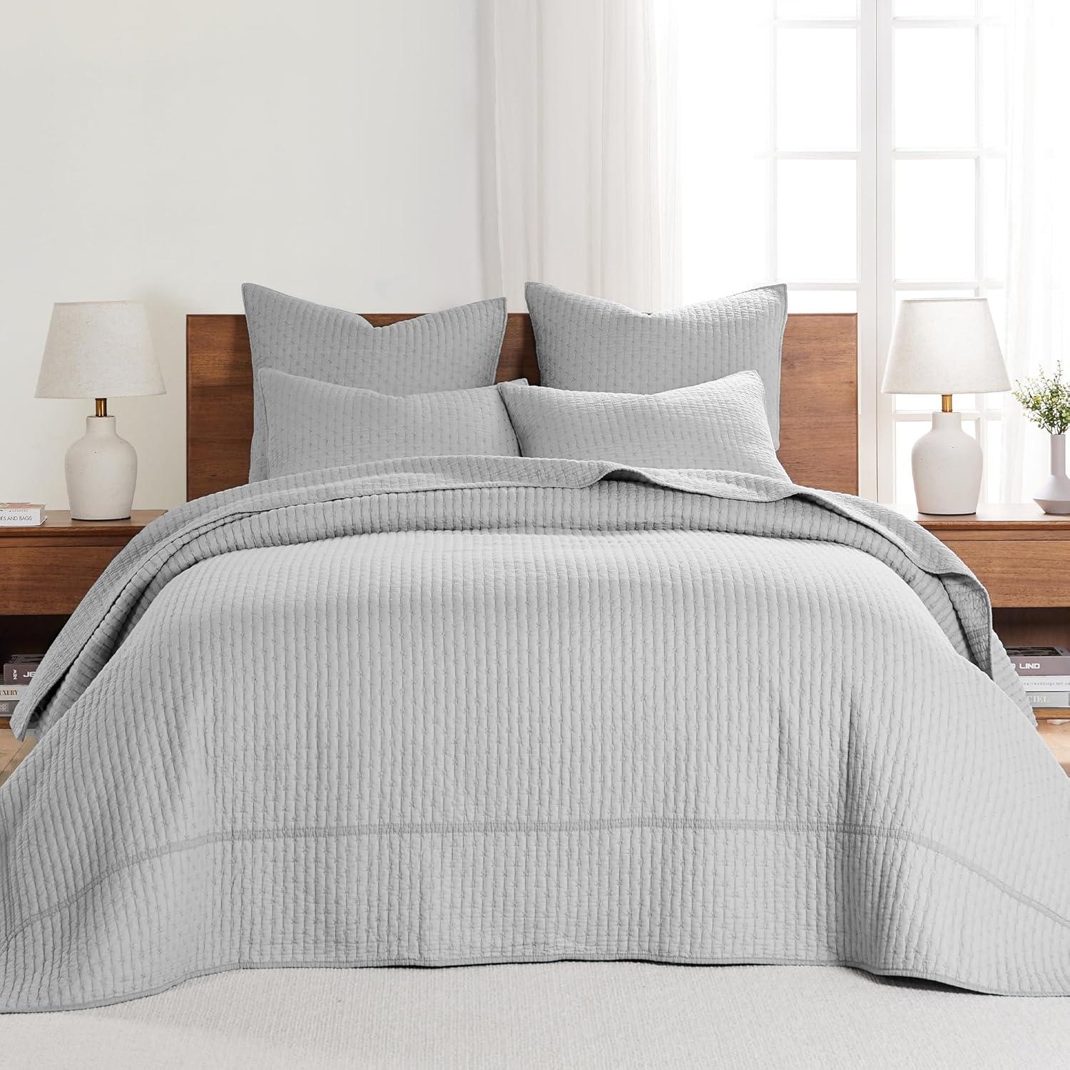 Light Grey Cotton Full Reversible Bedspread Set