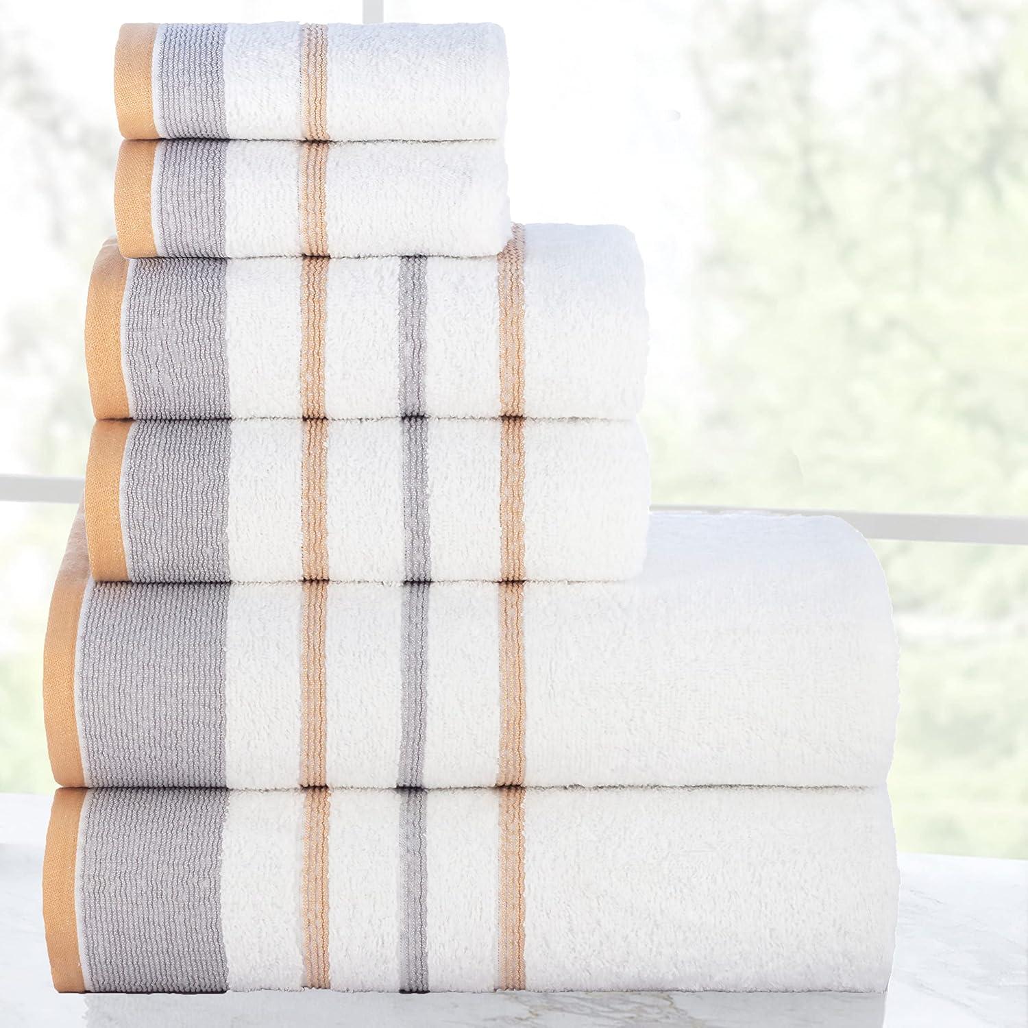 Casa Copenhagen White Bay, 6 Pieces Towel Set- White with Grey and Beige Border, 600 GSM, 2Bath, 2Hands, 2Washcloths Egyptian Cotton Towel for Hotel Spa Kitchen Bathroom Kitchen & Shower