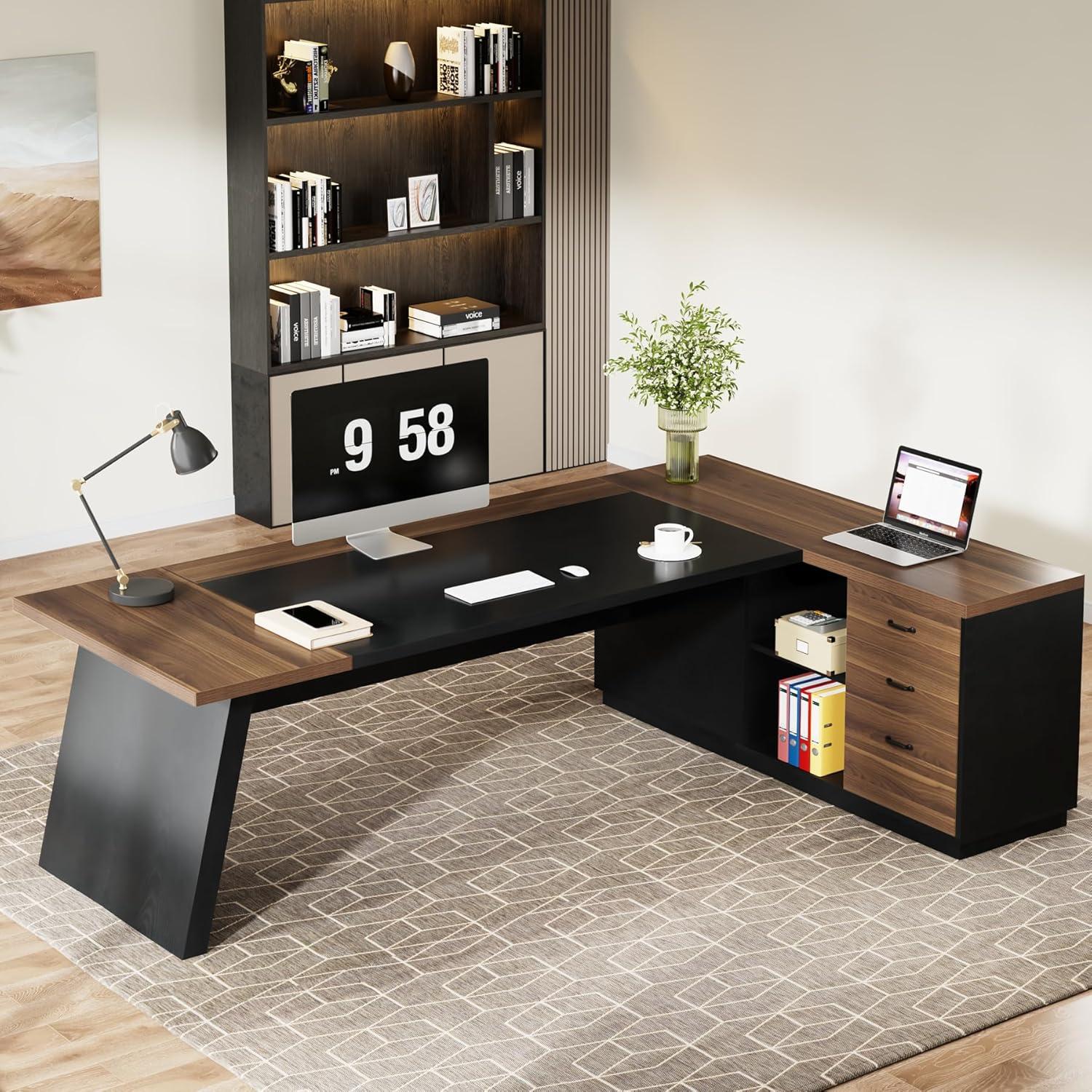 Tribesigns Modern 78" L-Shaped Executive Desk with Drawers and Lateral File Cabinet, Brown