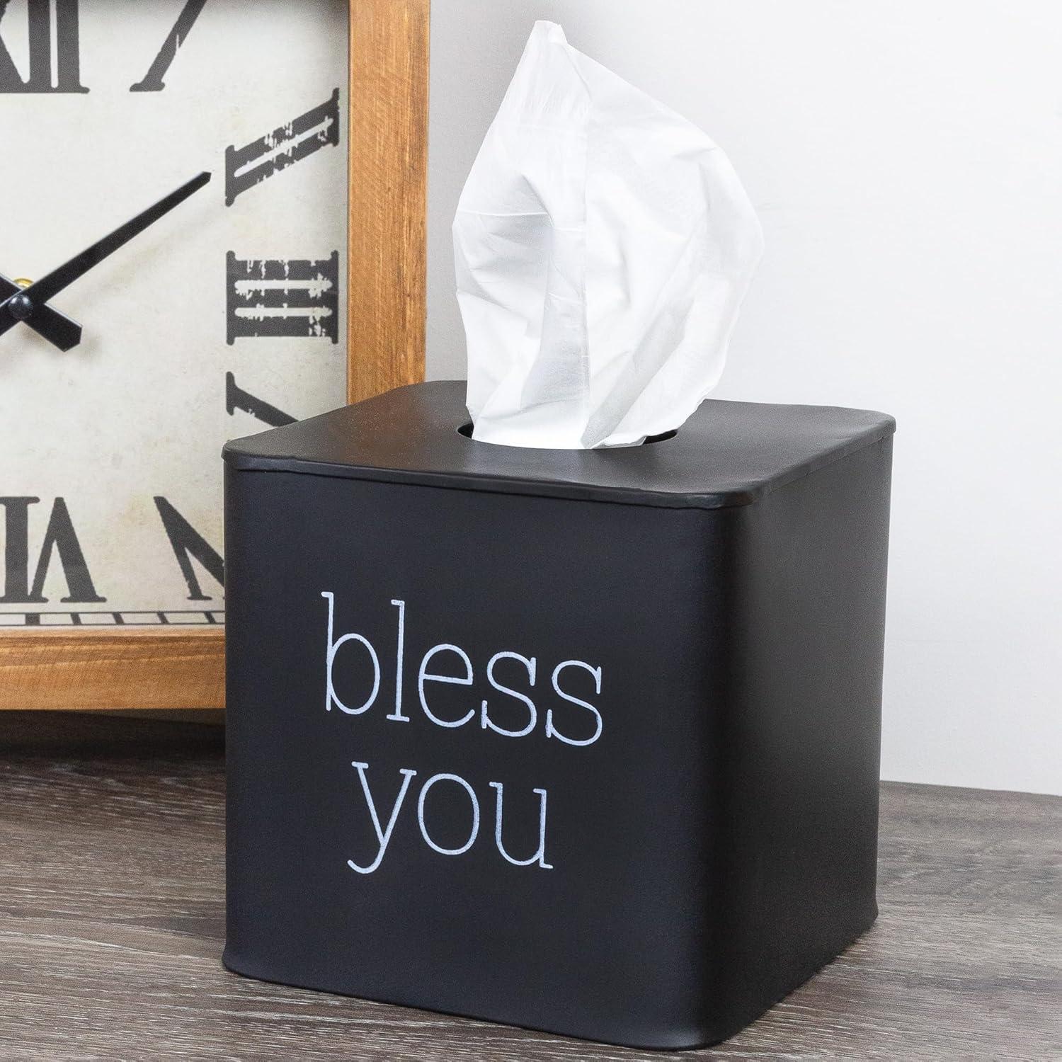 Black Enamel Square Tissue Box Cover with Bless You Text