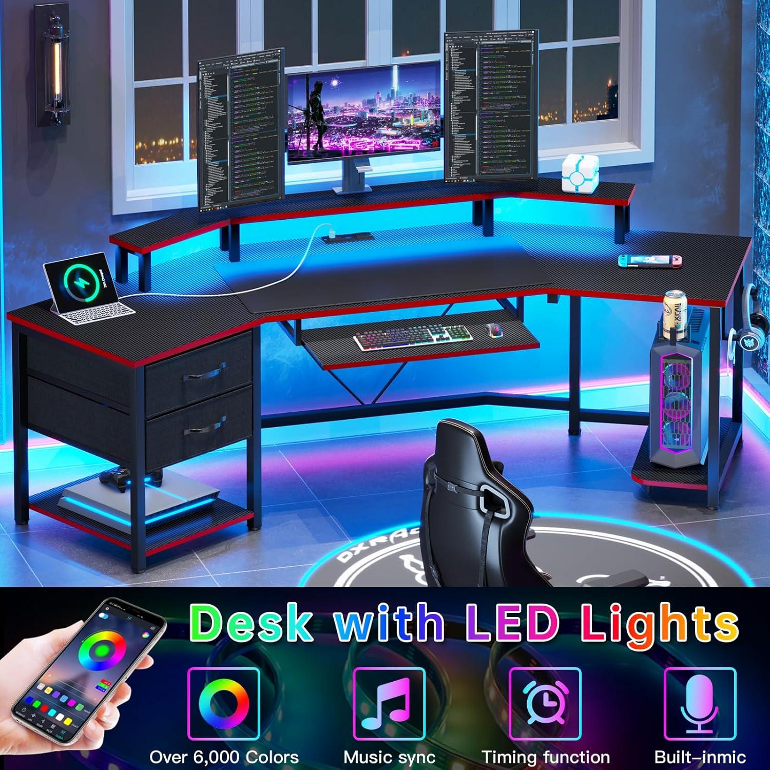 79" Gaming Desk, Computer Desk with 2 Fabric Drawers & LED Light, L Shaped Gaming Desk with Storage Shelf for Home Office, Carbon Fiber Black&Red