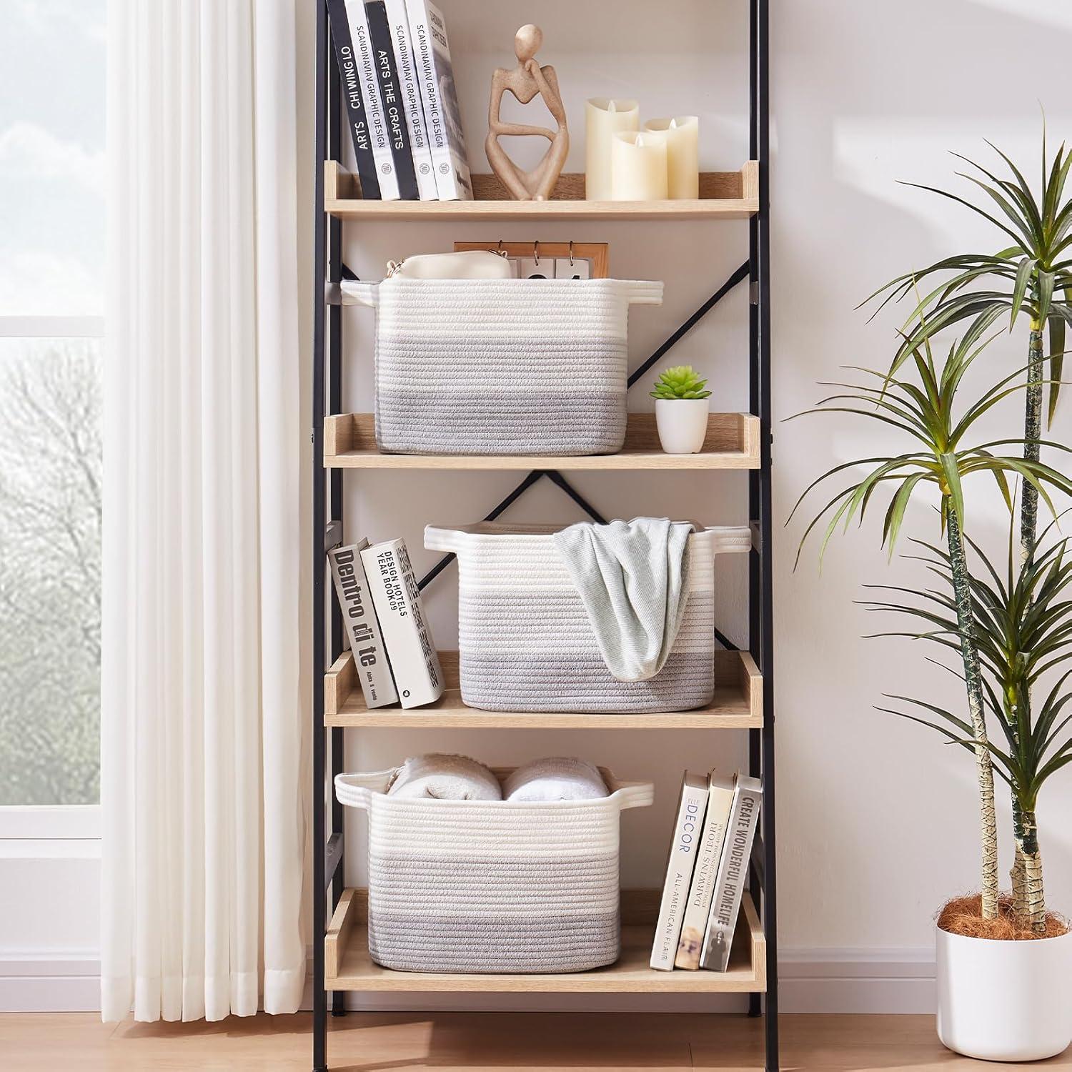 KOUROUU 3 Pack Cotton Rope Storage Basket Woven Shelf Storage Bin with Faux Leather Handles, Decorative Closet Shelf Woven Basket for Storage Organizers, 15 x 10 x 9, White/Gray