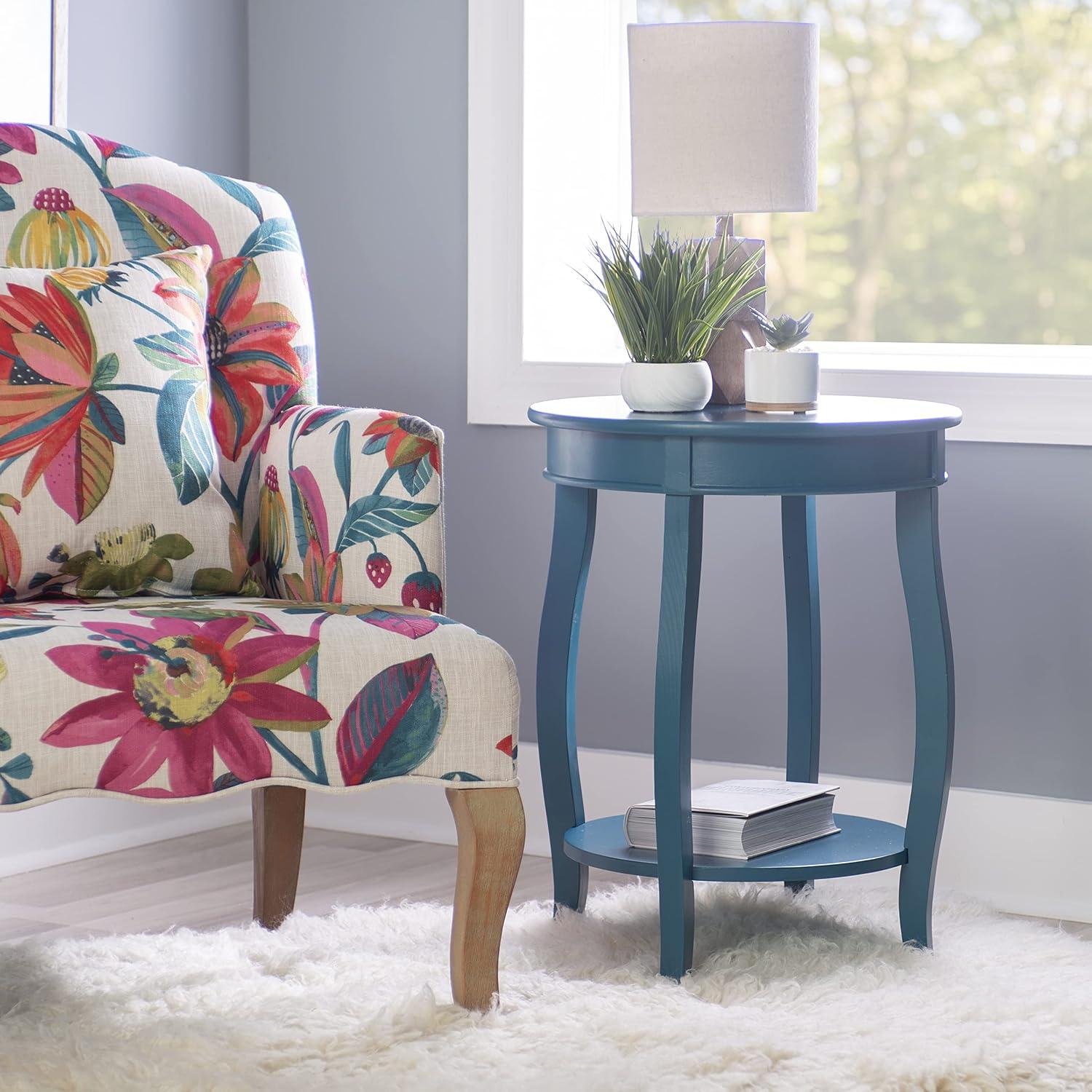 Linon Wren Round Wood End Table with Shelf in Teal Blue