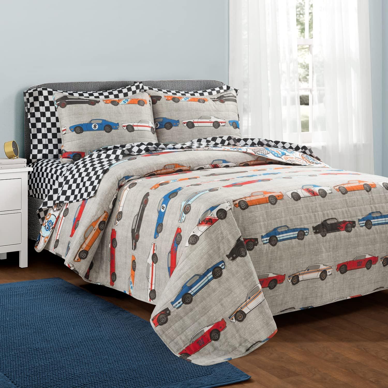 Blue and Orange Reversible Race Car Twin Quilt Set