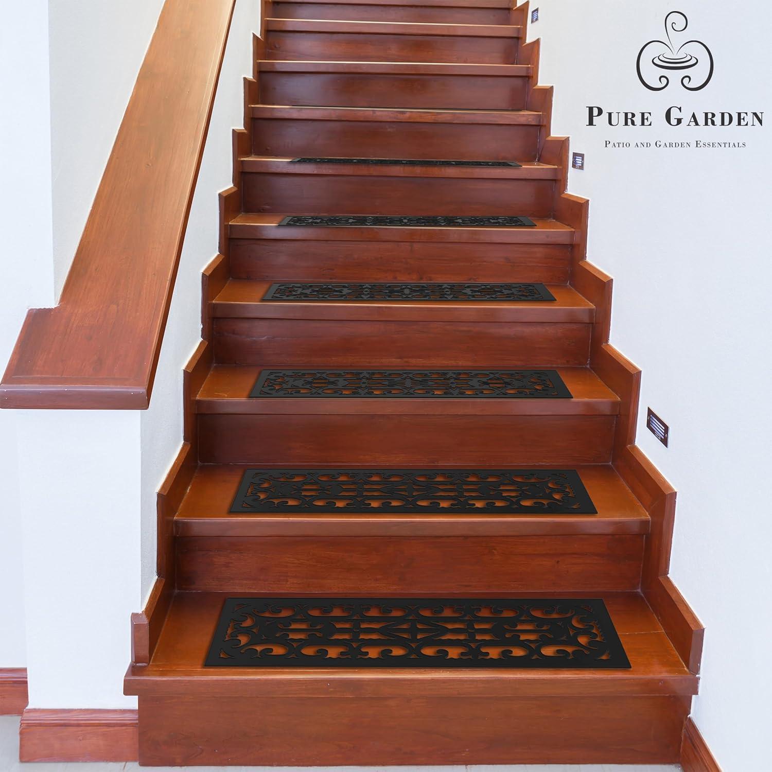 Set of 2 Non-Slip Stair Treads for Wooden Steps - Heavy Duty Decorative Runner with Traction Control Grip - Outdoor Rubber Mats by Pure Garden (Black)