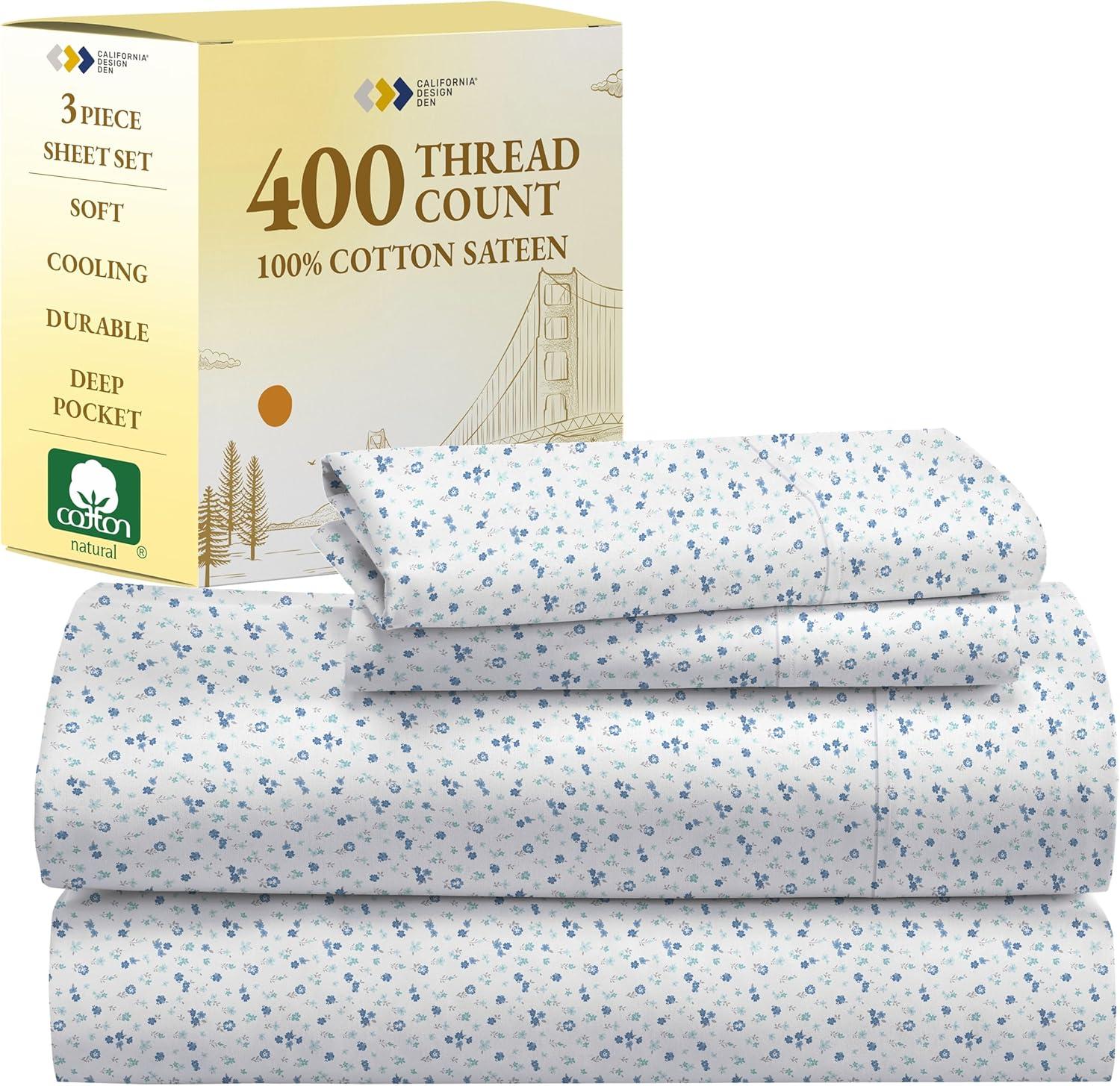 California King Floral White and Blue Cotton Sheet Set