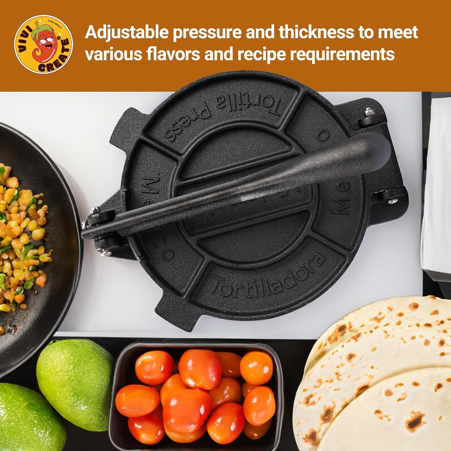Chef Tacos Authentic Cast Iron Tortilla Press, 8 inch, Pre-Seasoned for a Flavorful, Fresh, Warm Corn or Flour Tortilla