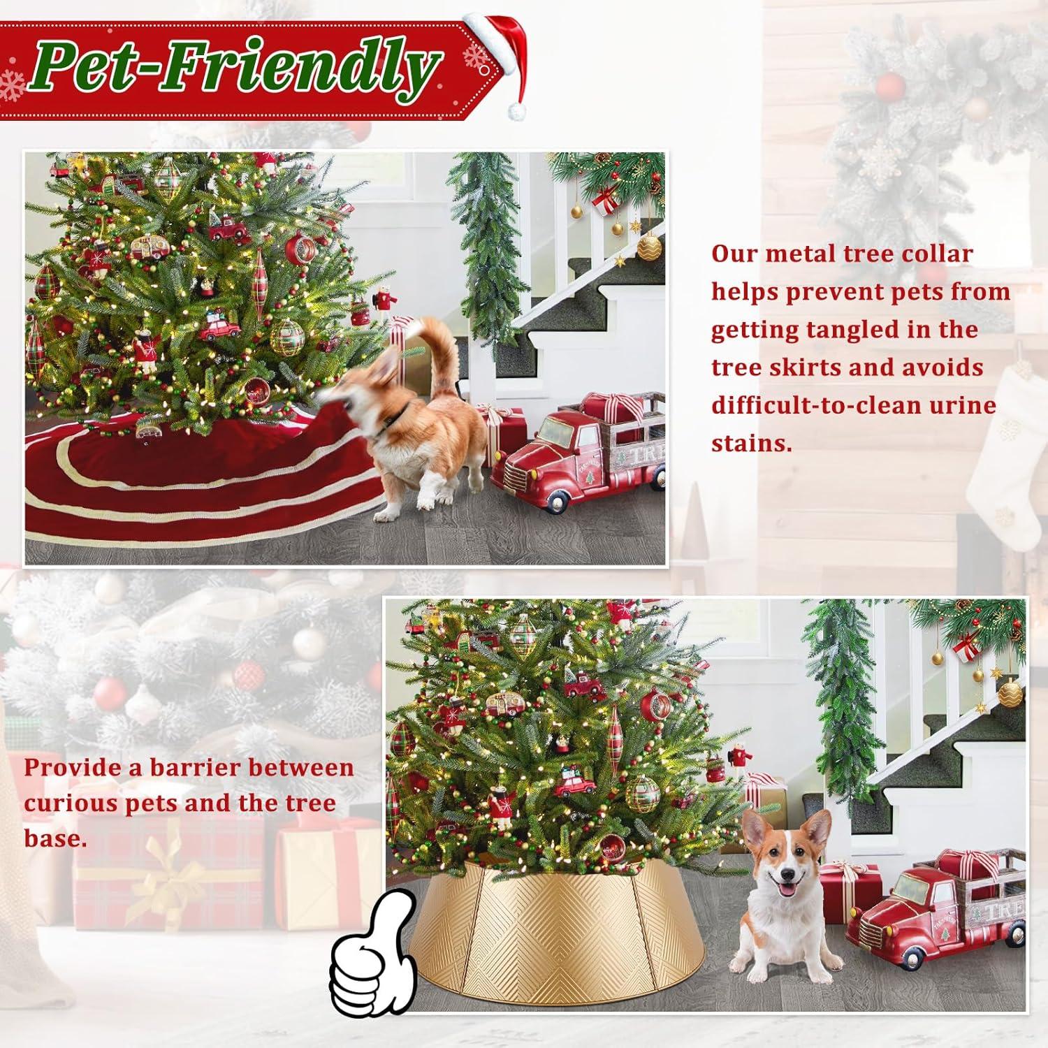 Nordic Hygge 28’’ Christmas Tree Collar, Gold Tree Skirt for Christmas Tree Decor, Christmas Tree Base Cover with Printed Patterns, Metal Tree Collar for Pencil Tree of Living Room