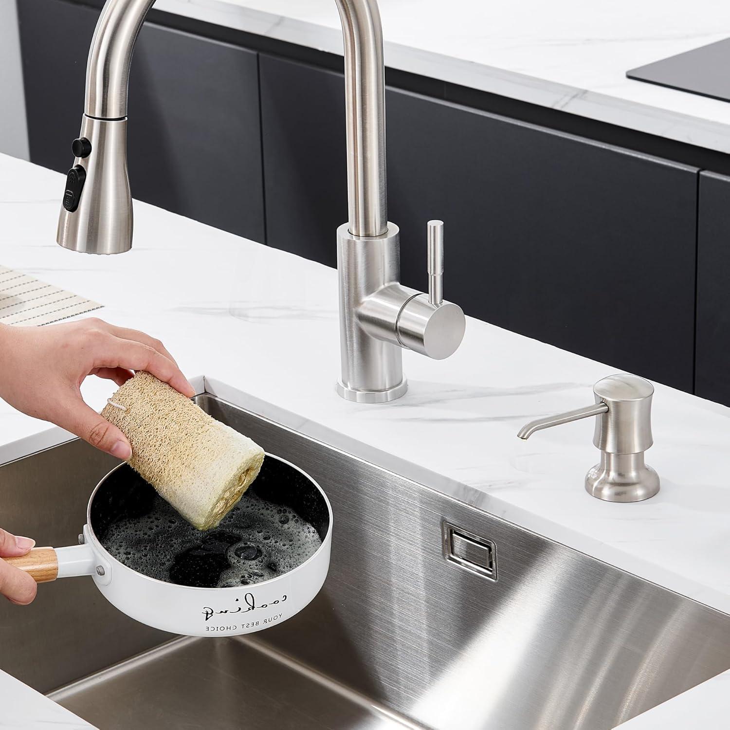 Soap Dispenser for Kitchen Sink Brushed Nickel, Built-in and Refill-from-Top Design with Liquid Hand & Dish Soap Bottle