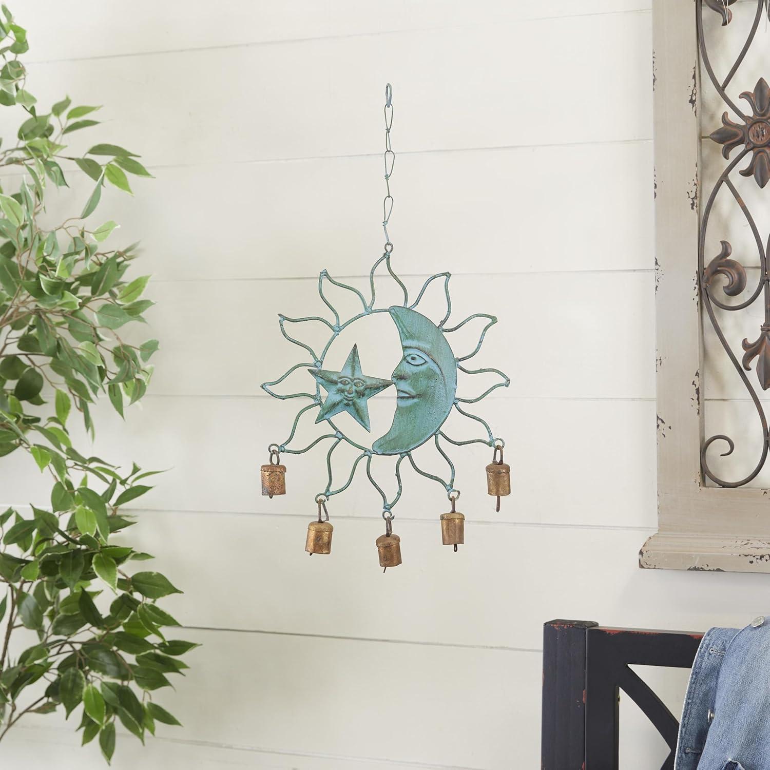 DecMode 13" Teal Metal Sun and Moon Windchime with Bells