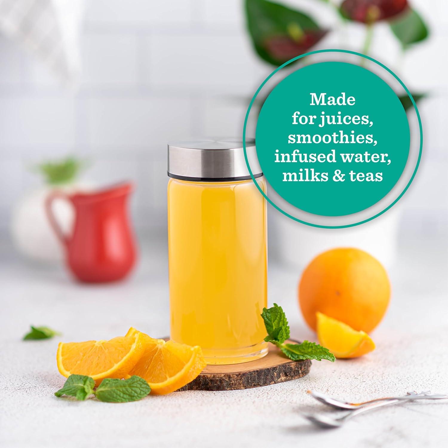 shuoli 4 Pack Wide Mouth Glass Bottles With Lids For Juicing, Smoothies, Infused Water, Beverage Storage - 10Oz, BPA Free, Stainless Steel Lids, Leakproof, Reusable, Borosilicate