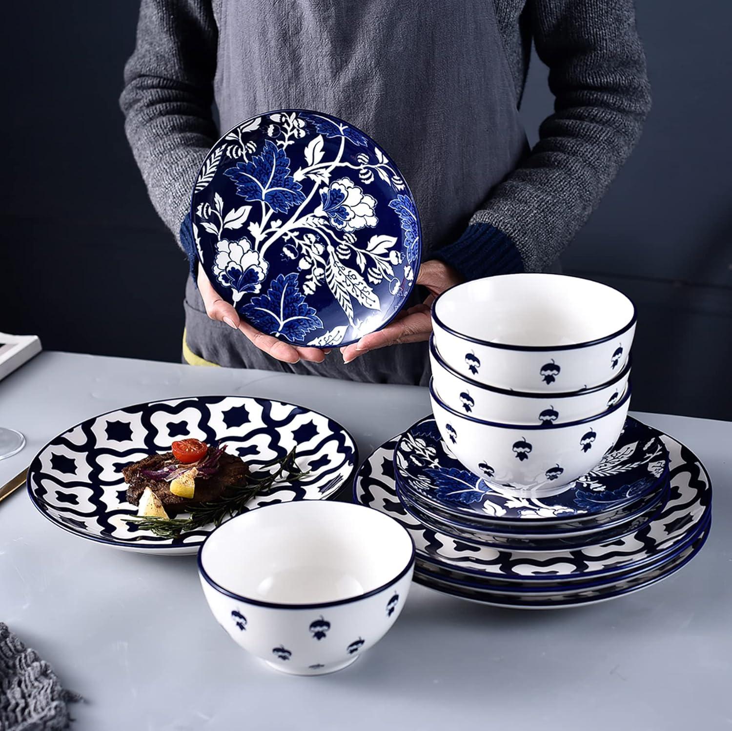 Wisenvoy Dinnerware Sets Plates and Bowls Sets Ceramic Dish Set Plate Set Stoneware Dinnerware Set Dishes Set for 4 Blue