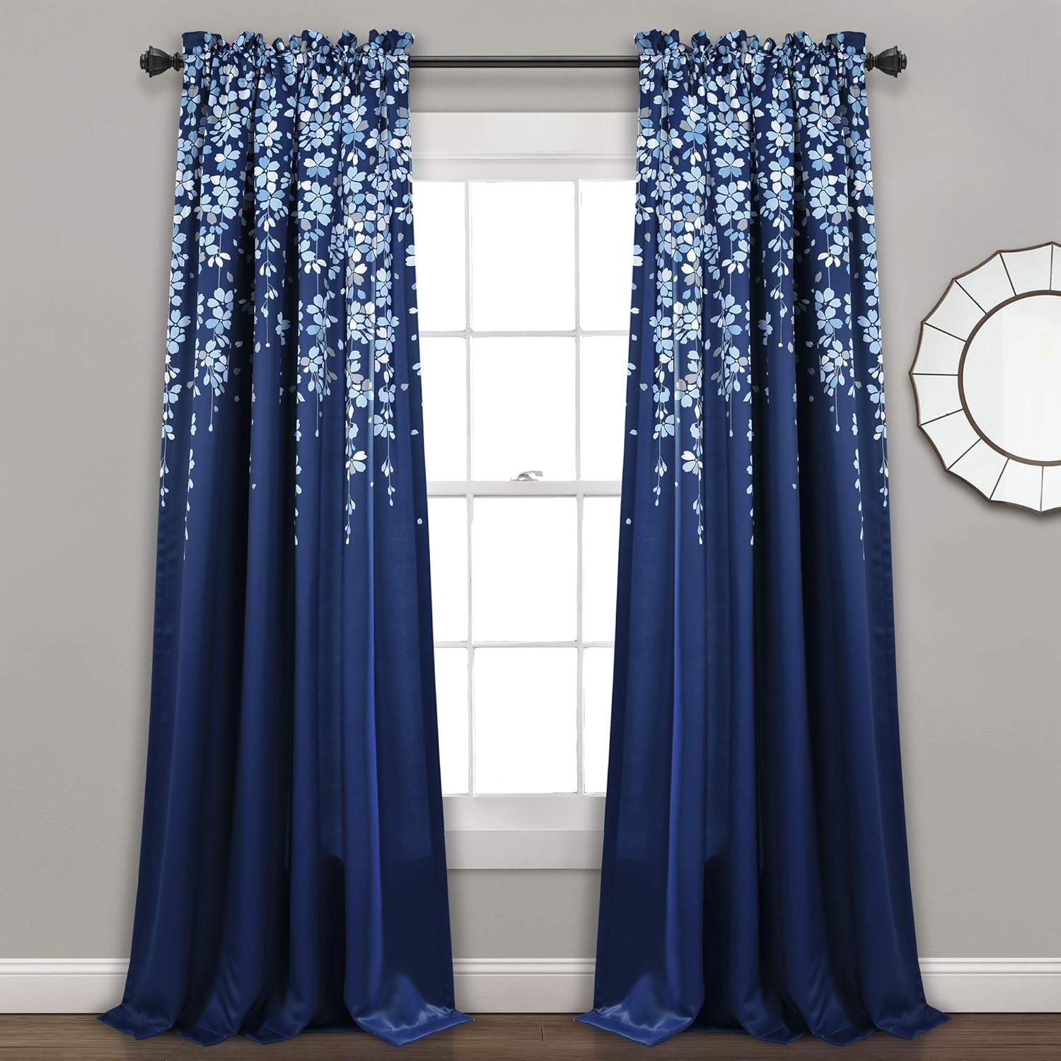 Lush Decor Weeping Flower Bright Colorful Floral Print 3" Rod Pocket Room Darkening Window Curtain Panel, Navy, 95"L x 52"W + 2" Header, Set of 2