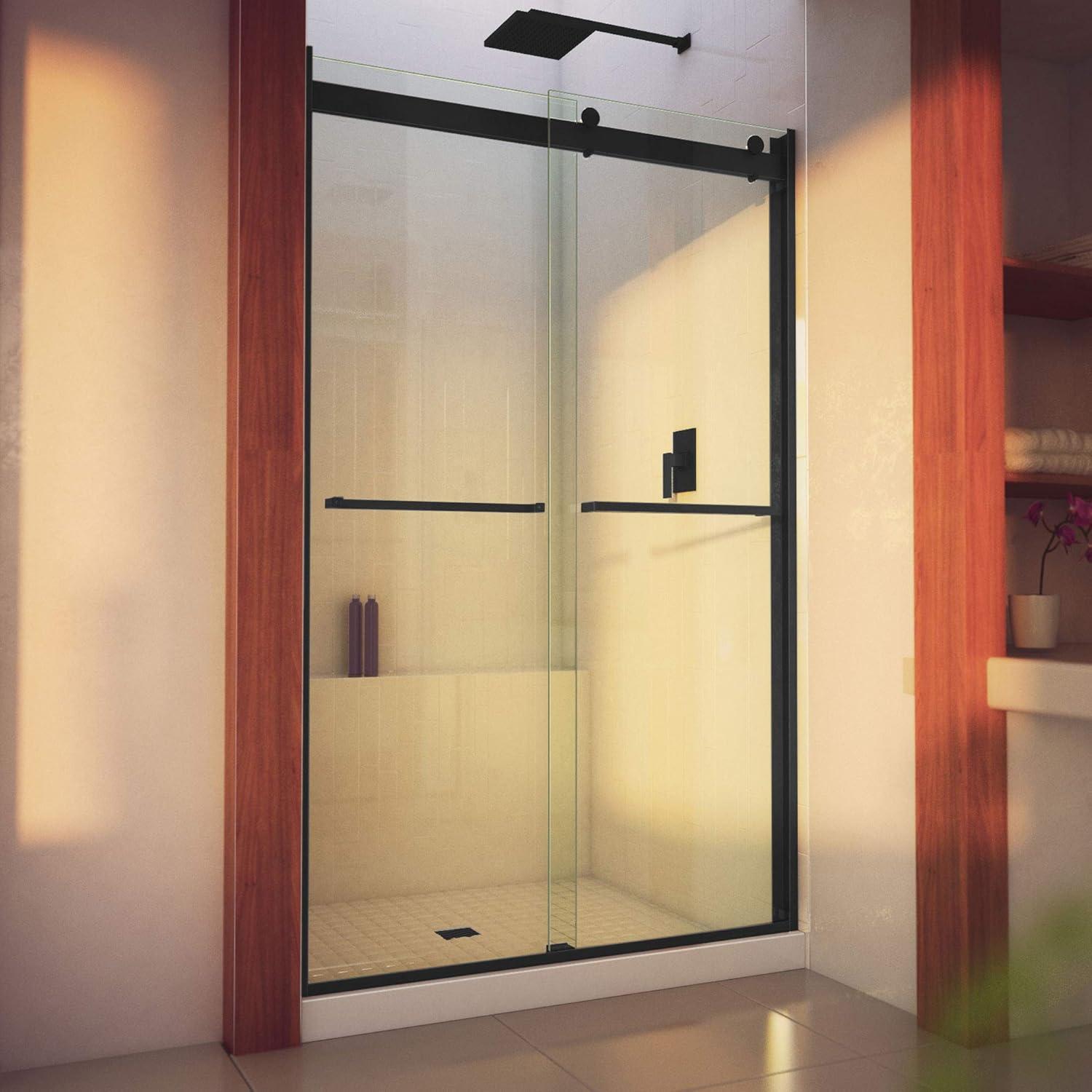 Matte Black Semi-Frameless Sliding Shower Door with Clear Glass