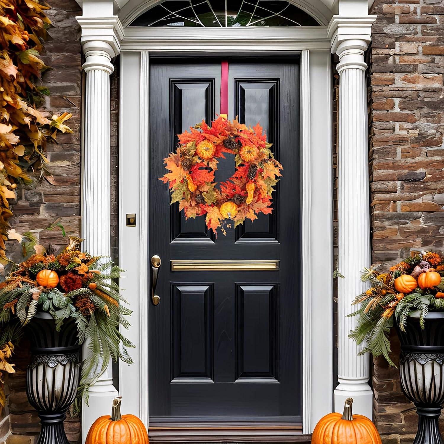 Fall Wreath 20’’ Autumn Front Door Wreath Harvest Wreath with Sunflower Pumpkins Berries Maple Leaves Daisies for Outside Indoor Home Wall Festival Thanksgiving Autumn Farmhouse Decor