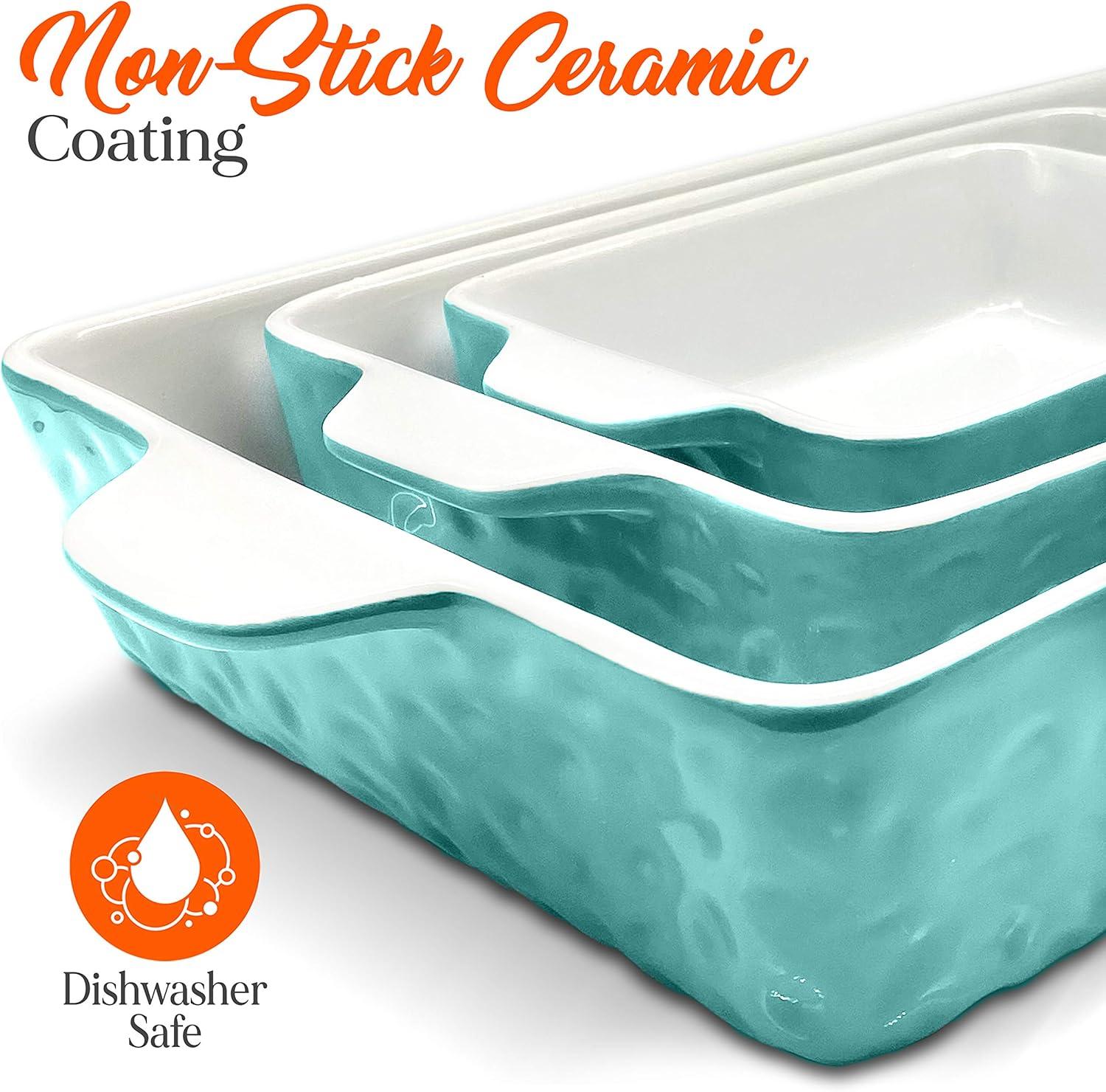 NutriChef Rectangular Ceramic 3 Piece Nonstick Kitchen Bakeware Set, Aqua