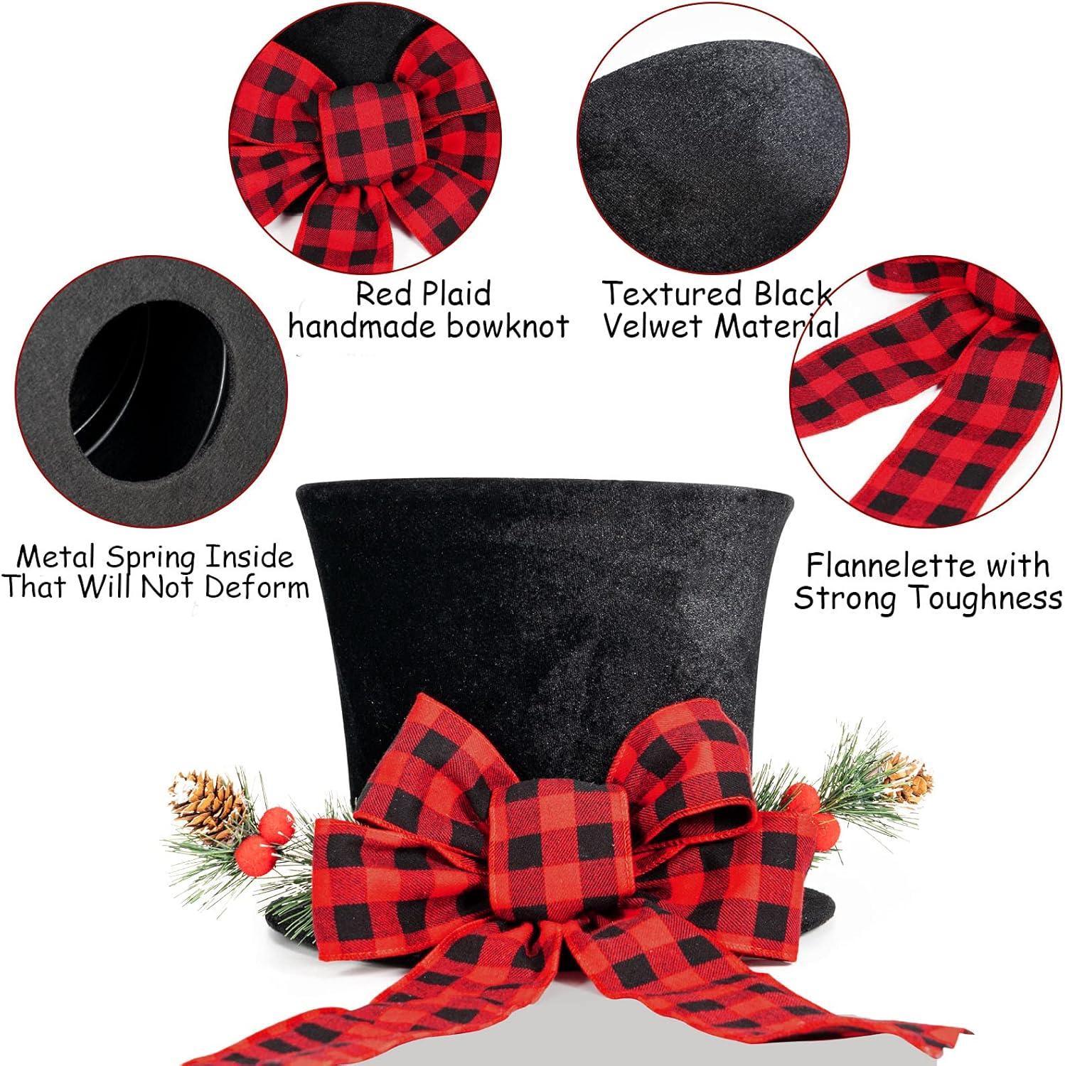 HMASYO Christmas Tree Topper Hat - Upgrade Large Black Velvet Bowler Derby Hat with Red Plaid Bow and Lengthened Ribbon Christmas Tree Decorations Desktop Ornaments for Holiday Home Decor (Black)