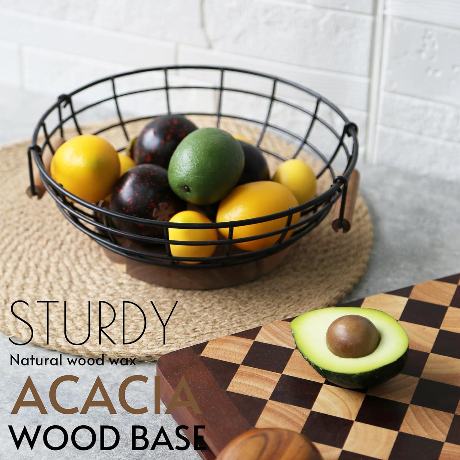 Fruit Basket,black Wire Basket with Acacia Wood Base,large Fruit Bowl for Countertop,black Baskets for Fruits, Breads, Vegetables Storage. (10-inch)