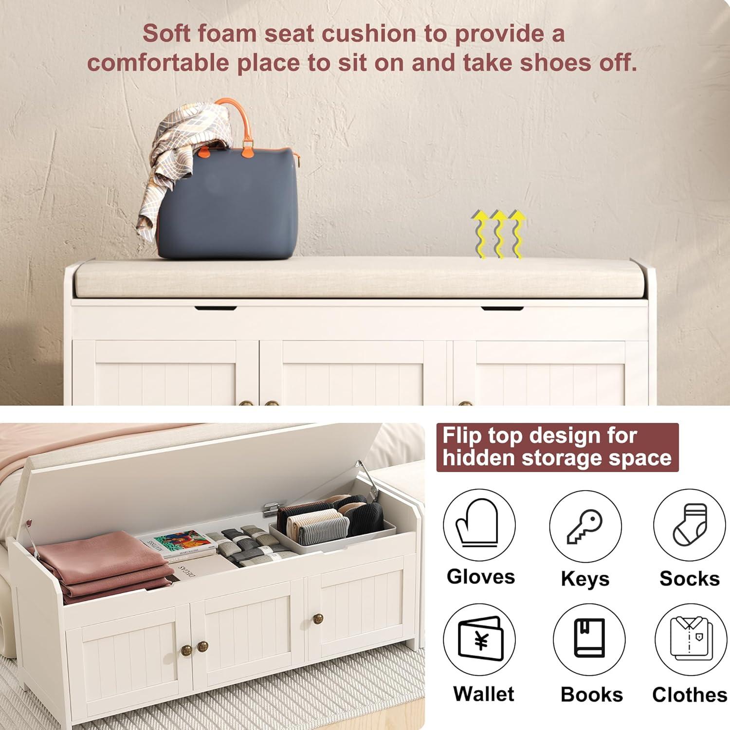 HOMEFORT 41.3" Shoe Bench with Lift Top Storage, Entryway Bench with Cushioned Seat, Wooden End of Bed Bench, Shoe Cabinet Bench with Hidden Storage Space, for Bedroom, Hallway,White