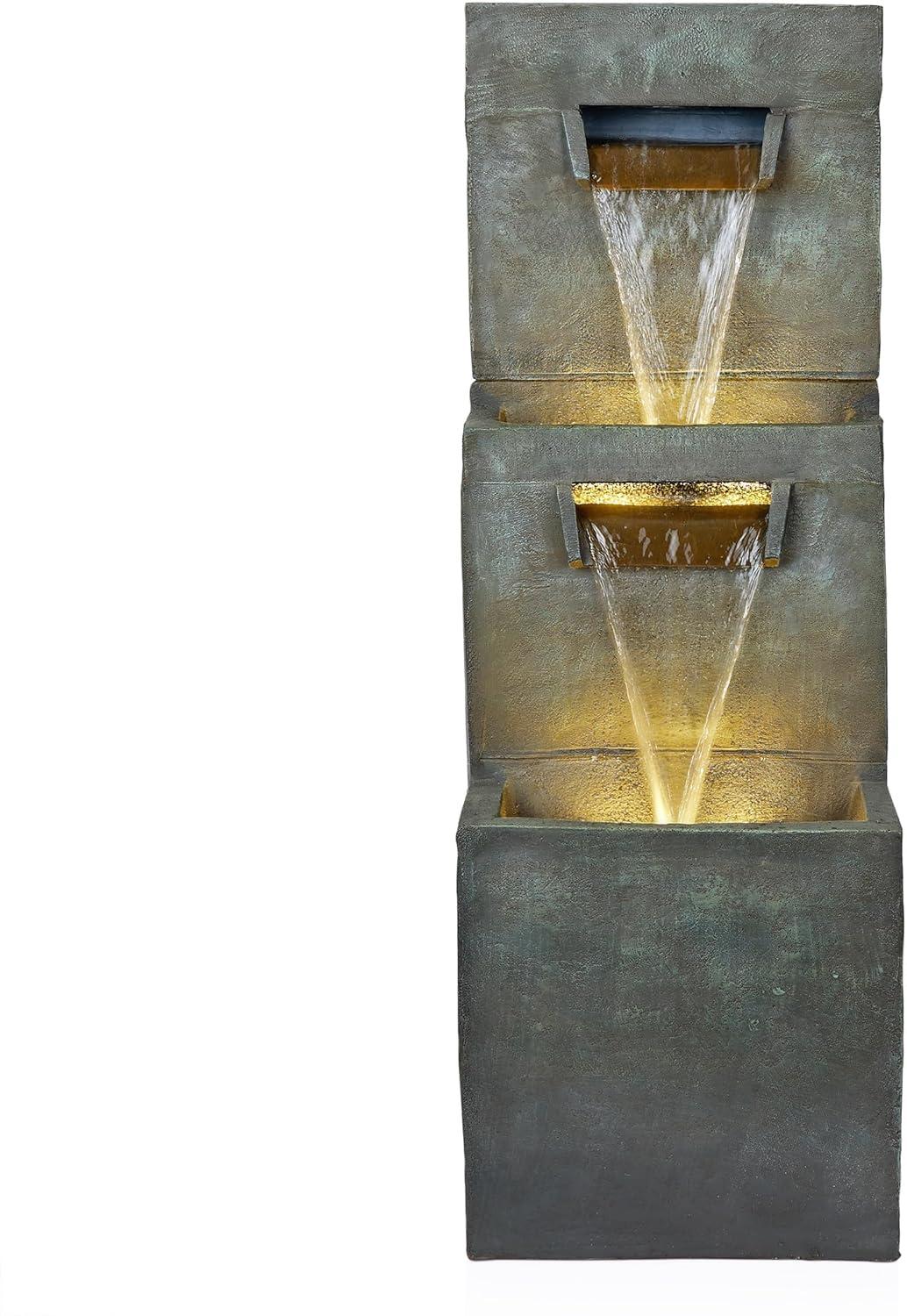 Alpine Corporation 40" Polyresin 2-Tier Modern Polystone Sculptural Fountain With Warm White LED Lights