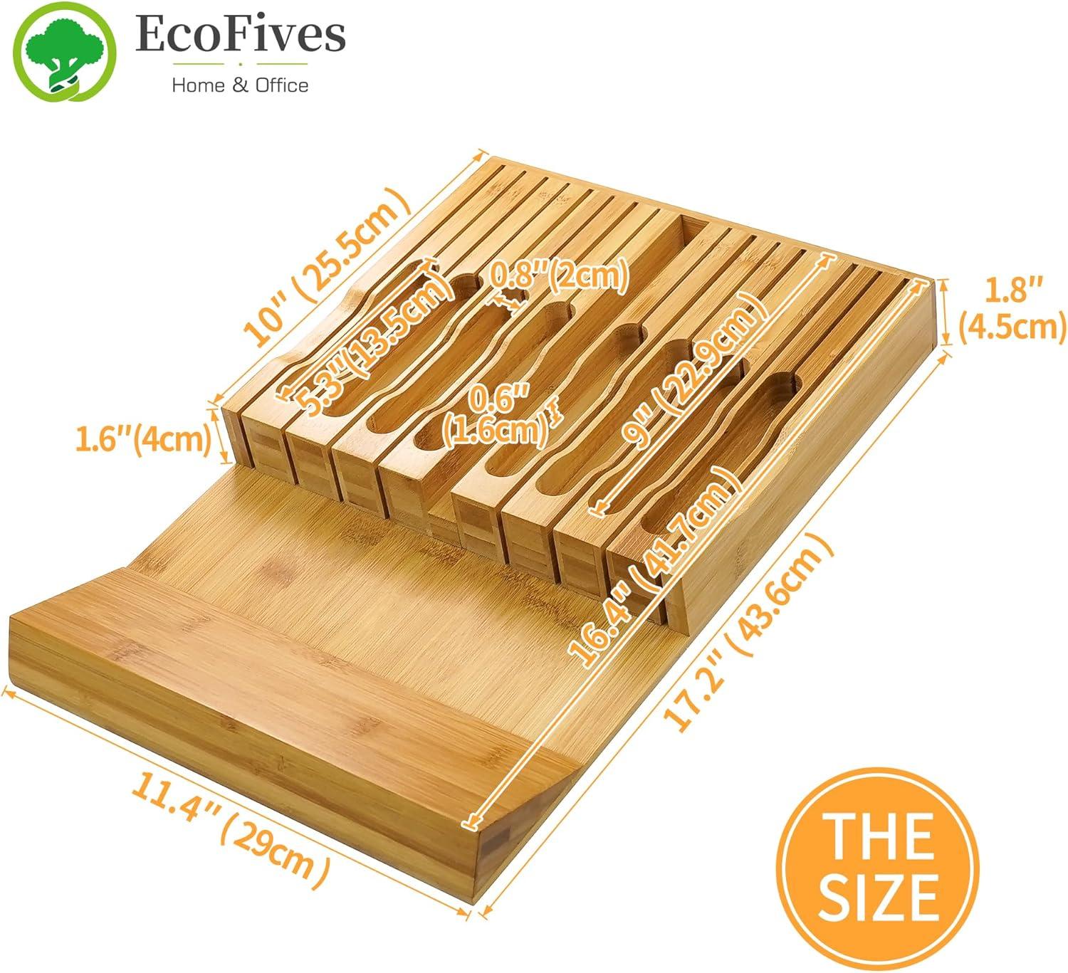 In-Drawer Knife Block,Bamboo Knife Drawer Organizer Insert, Kitchen Knife Drawer Storage for 16 Knives a Slot for your Knife Sharpener (Without Knives)