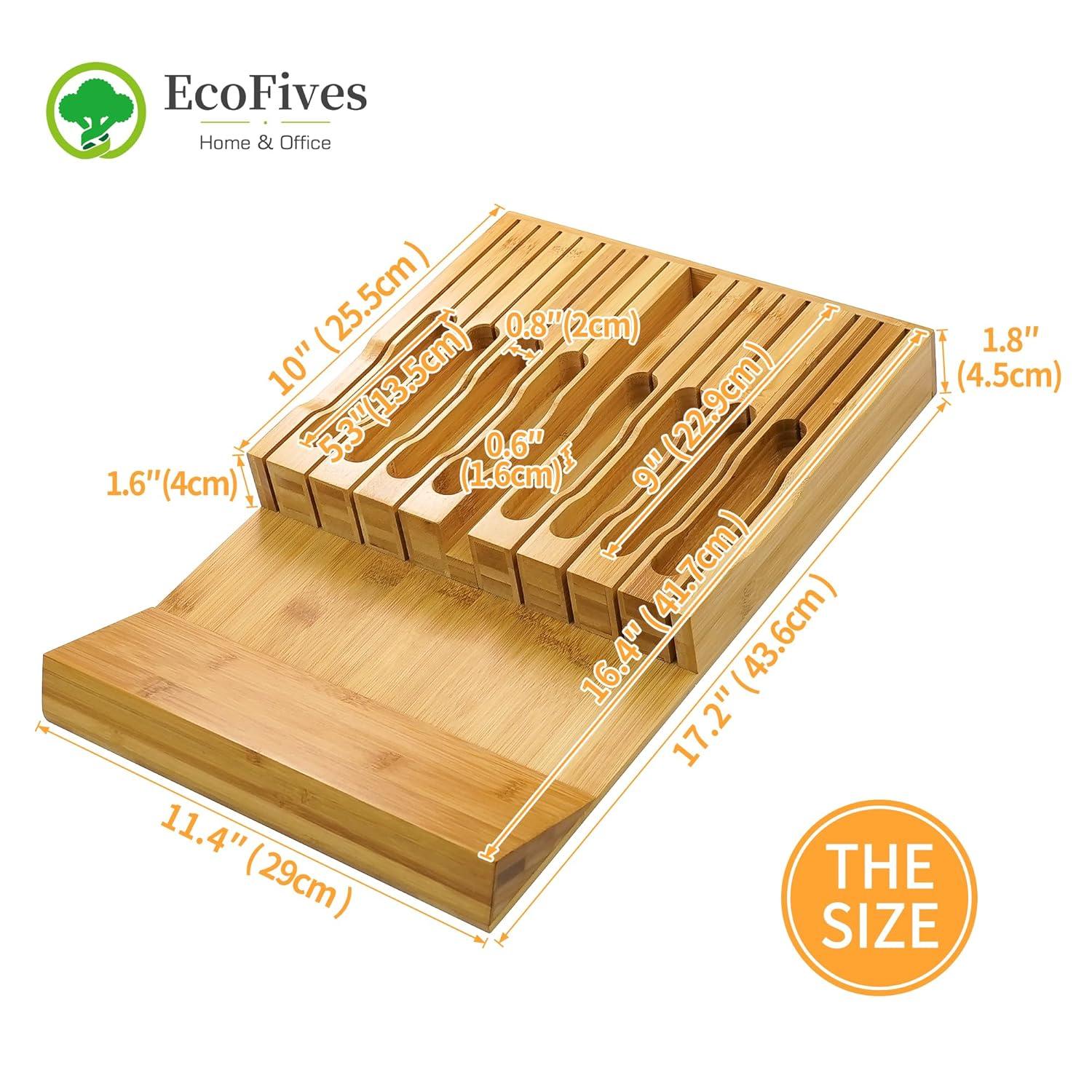 In-Drawer Knife Block,Bamboo Knife Drawer Organizer Insert, Kitchen Knife Drawer Storage for 16 Knives a Slot for your Knife Sharpener (Without Knives)