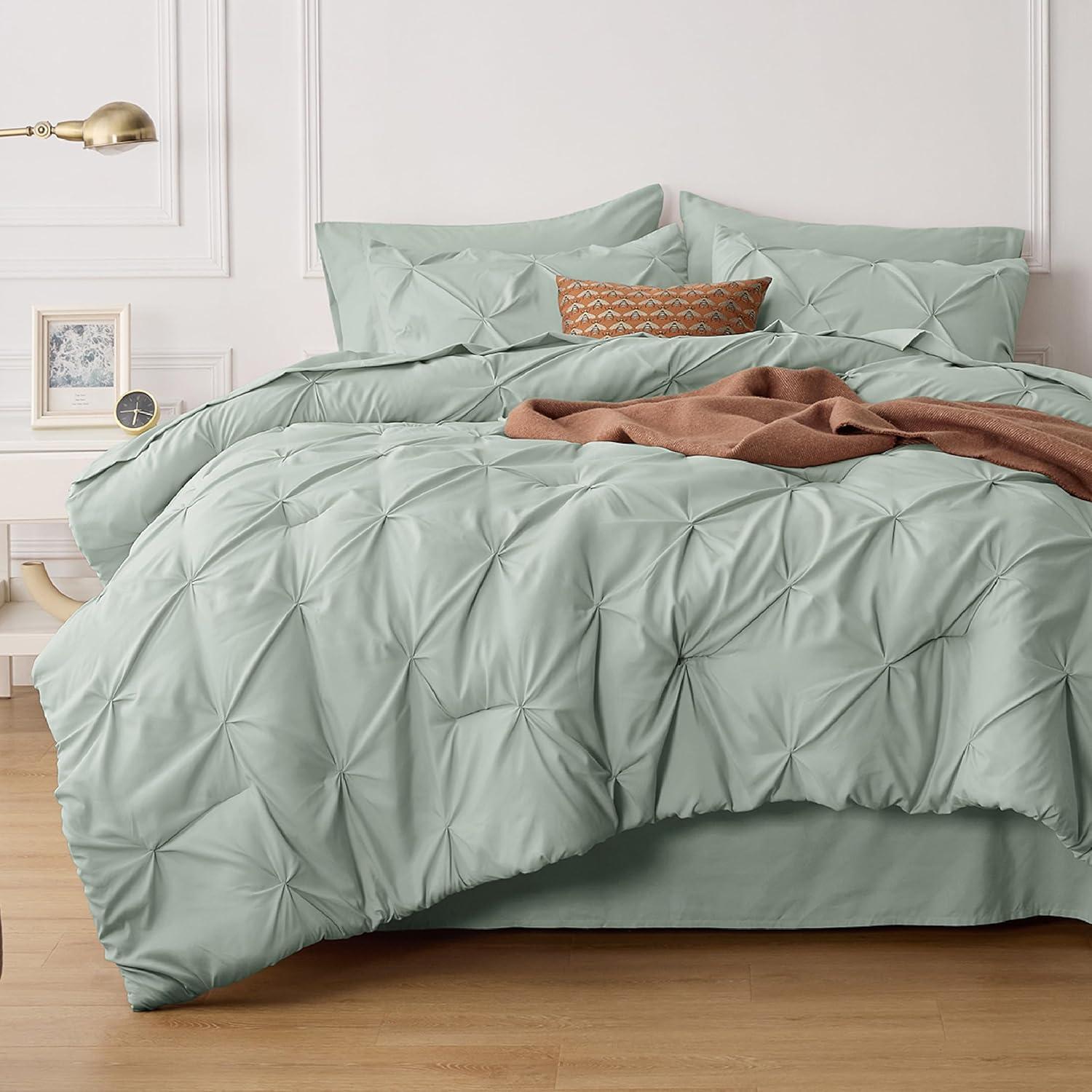 Bedsure Queen Comforter Set Sage Green - Bed in a Bag Queen Size 7 Pieces, GentleSoft™ Pintuck Bed Set Gift for Family, Pinch Pleat Sage Green Comforter with Sheets, Pillowcases & Shams