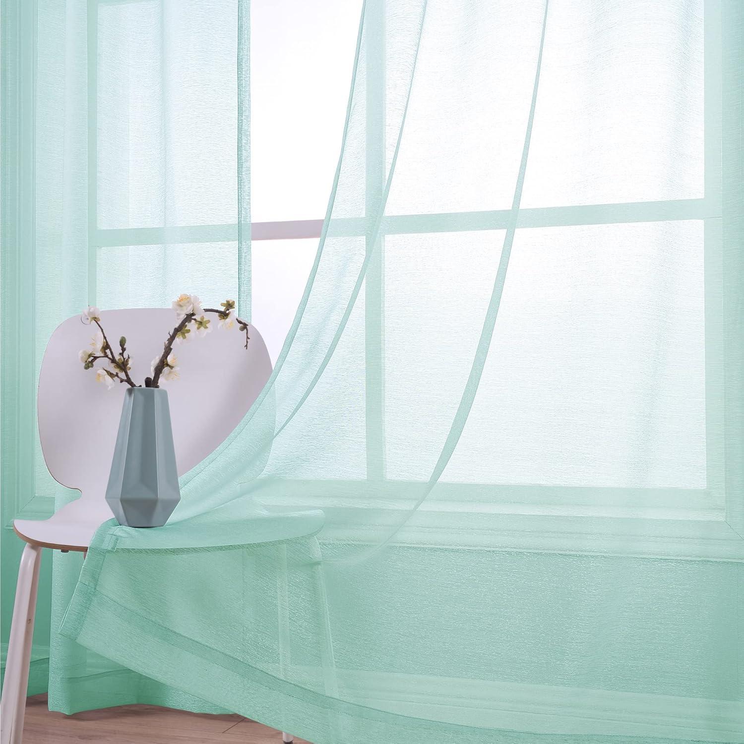 KOUFALL 96 Inch Seafoam Sheer Curtains Grommet 2 Panel Faux Linen Voile Drapes Semi Sheer Curtains for Living Room Bedroom 52 x 96 Inches Long Ocean Coastal Beach Themed Aqua Mint Light Green