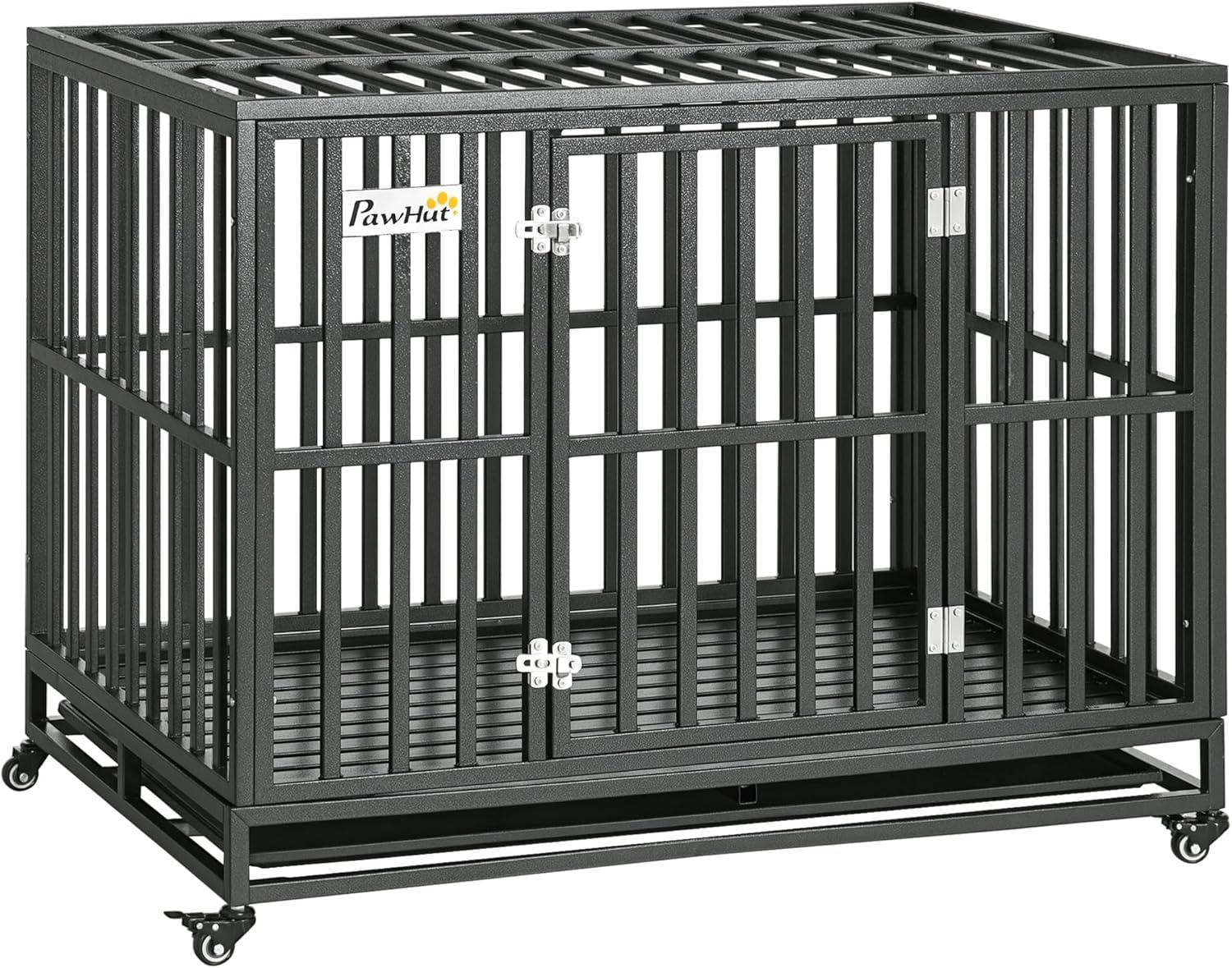 PawHut 44" Heavy Duty Dog Crate Metal Kennel and Cage Dog Playpen with Lockable Wheels, Slide-out Tray and Anti-Pinching Floor