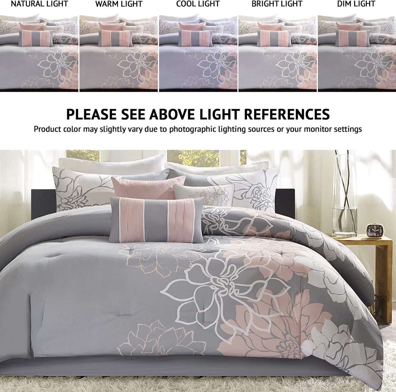 California King Gray and Blush Floral Cotton Comforter Set