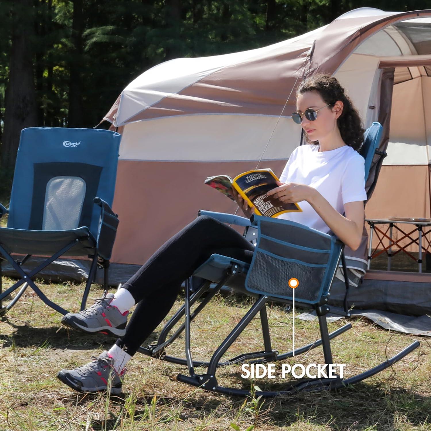 Blue Oversized Folding Rocking Camping Chair with Mesh Back and Armrests