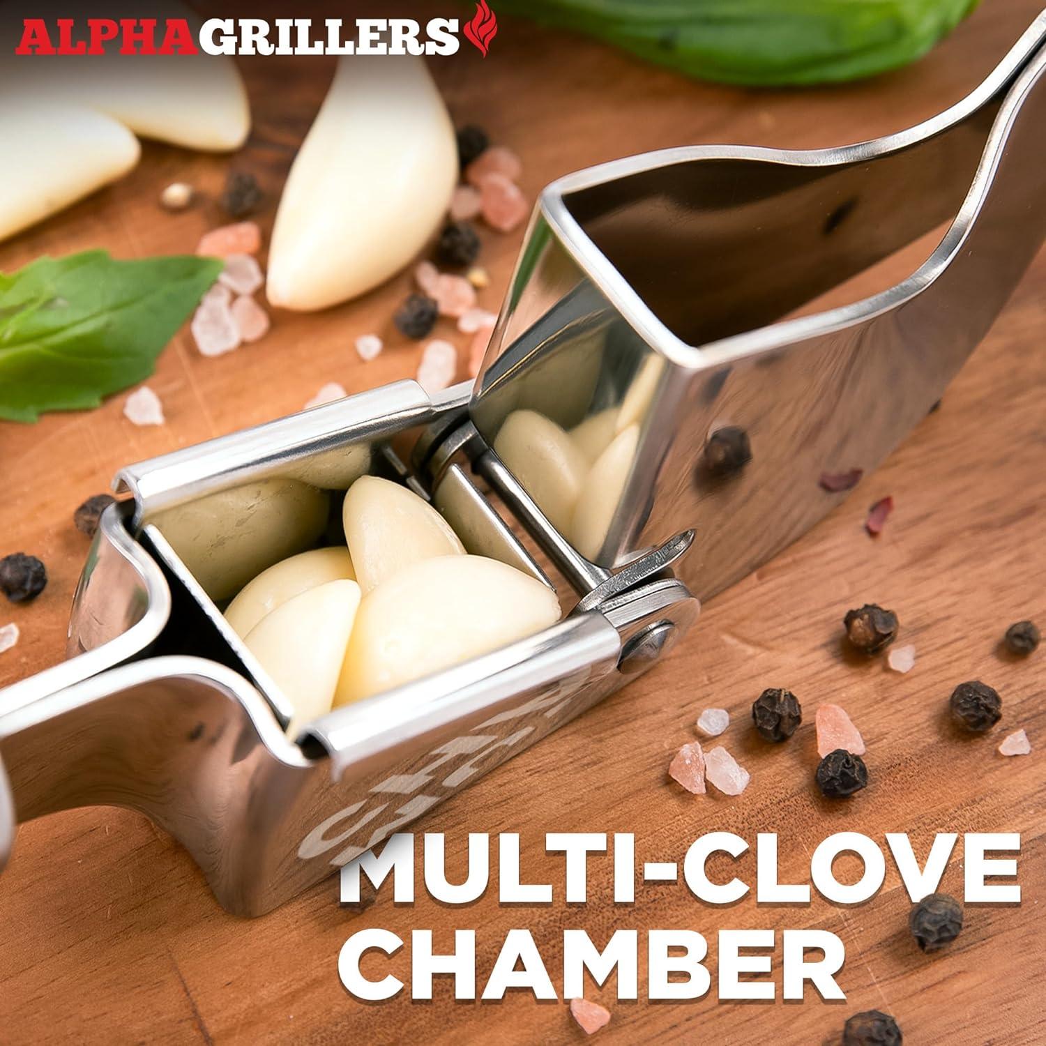 Alpha Grillers Garlic Press Stainless Steel Mincer and Crusher with Silicone Roller Peeler. Rust Proof, Easy Squeeze, Dishwasher Safe, Easy Clean