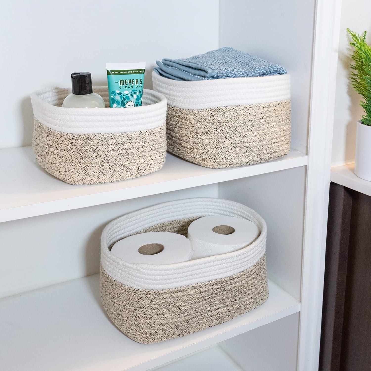 Home-Complete 3pc Storage Basket Set Natural: Cotton Square Decorative Bins for Shelves, Hand Wash, 12"x8.5"x5.5"