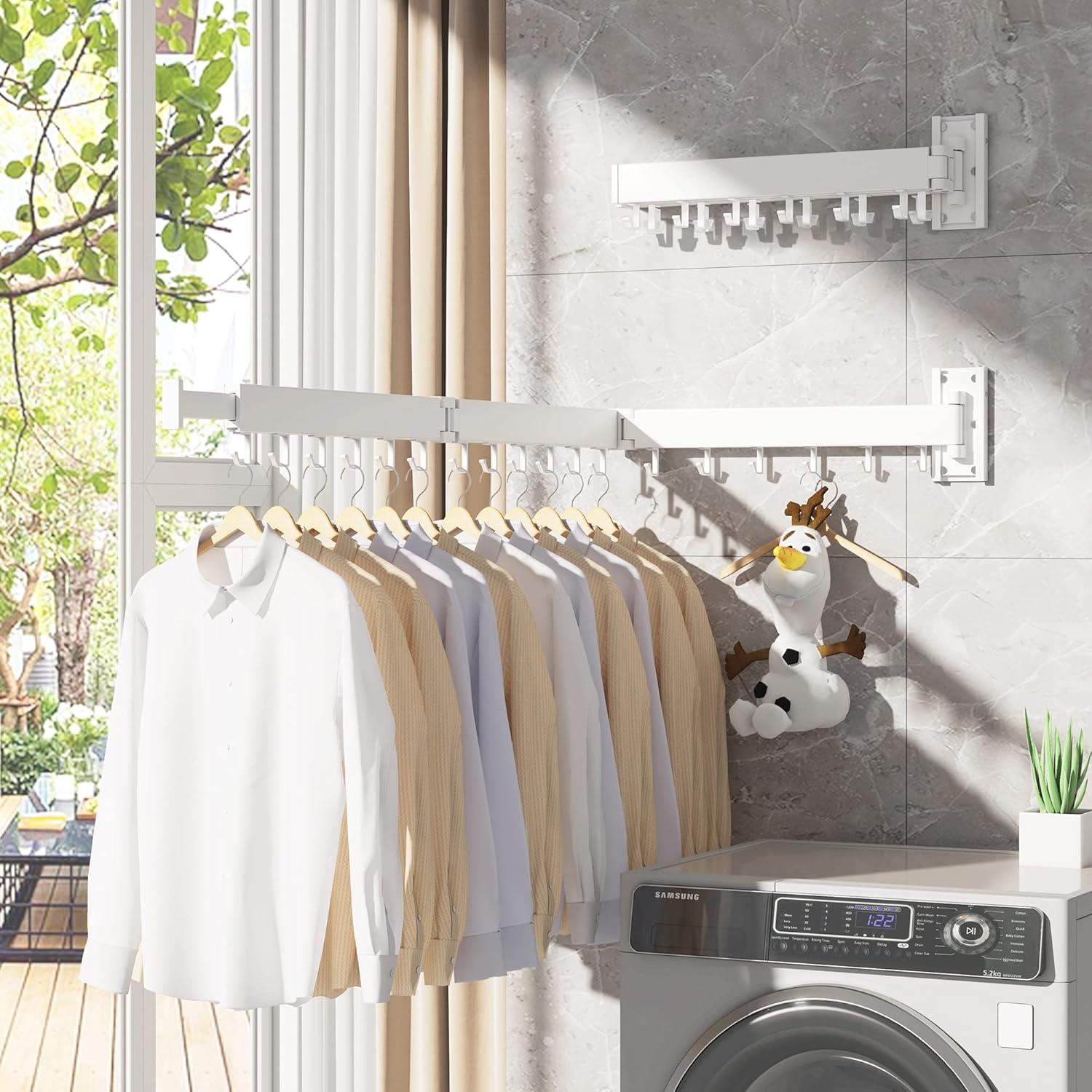 Dr.DJ Clothes Drying Rack for Laundry, Retractable Clothes Hanger Rack Wall Mounted Folding Indoor, Drying Rack, Space Saver Clothes Rack,Collapsible (Tri-Fold) with 18 J-Hooks Laundry Rack White
