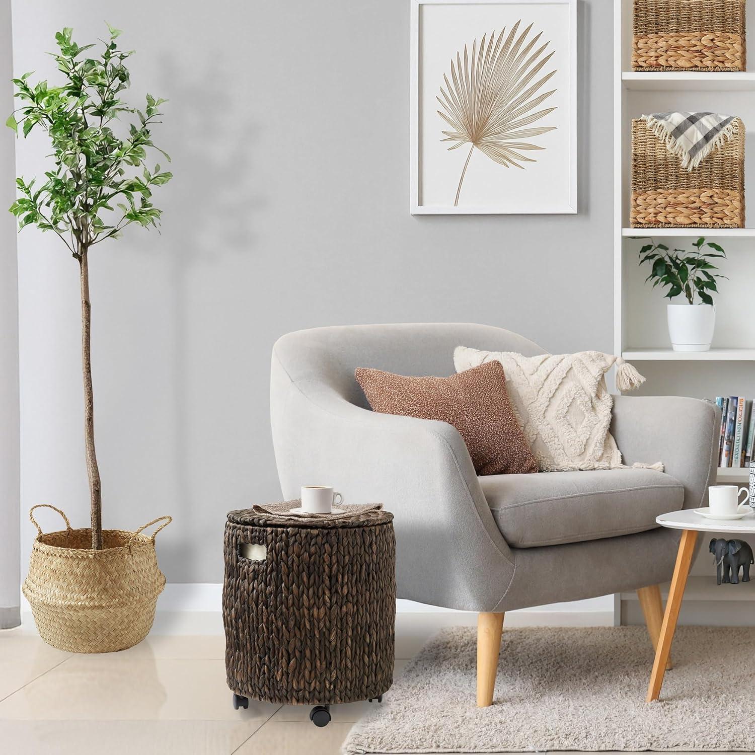 Casafield Rolling Storage Basket - Espresso, Handwoven Hyacinth Rolling Hamper with Lid, Storage Bin on Wheels for Living Room, Bathroom, Laundry