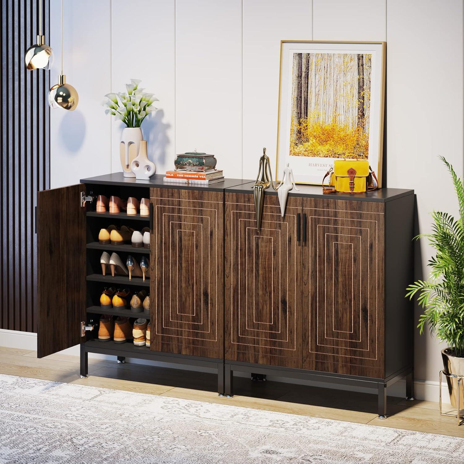 Brown and Black 5-Tier Wood Shoe Cabinet with Doors