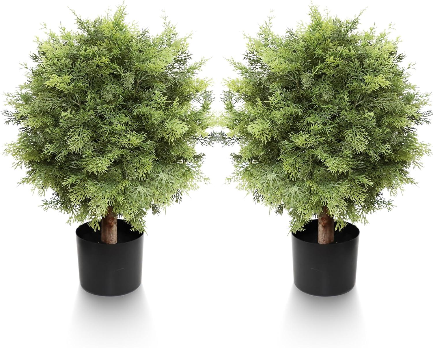 24-Inch Green Artificial Boxwood Topiary Trees in Black Plastic Pots, Set of 2