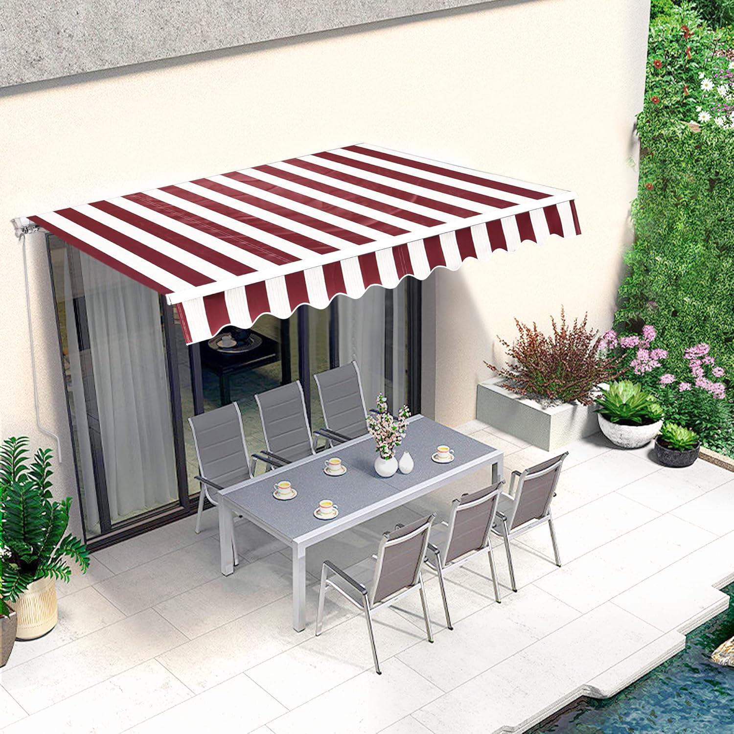 Brick Red and Beige Striped Manual Retractable Patio Awning