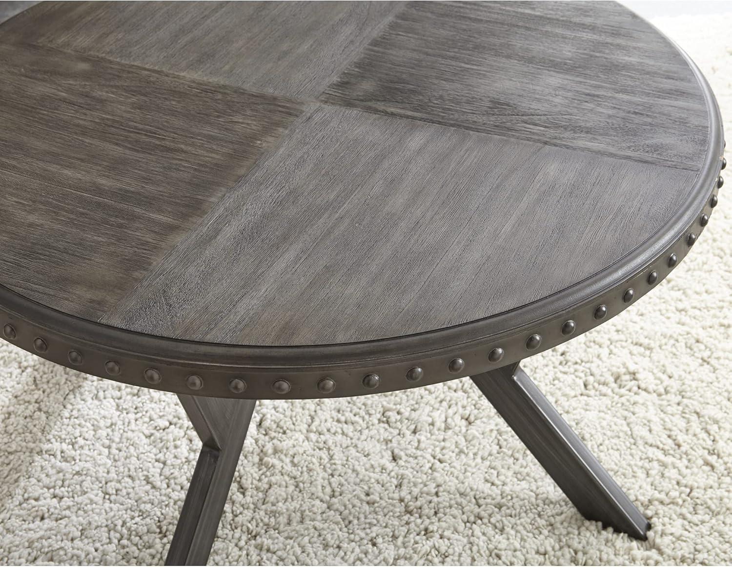 Gray Round Wood and Metal Coffee Table with Nailhead Trim