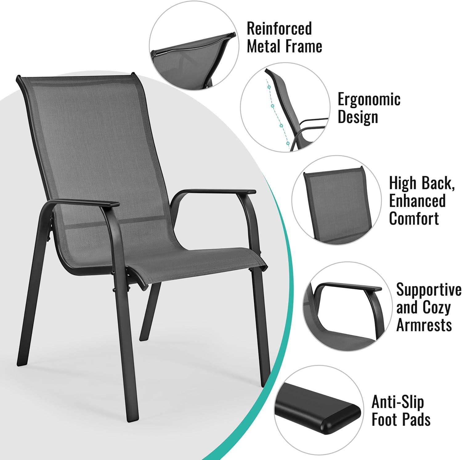 Yaheetech Set of 2 Outdoor Texteline Stackable Dining Chairs with Backrest/ Armrests for Garden, Lawn, Porch, Backyard Pool, Gray