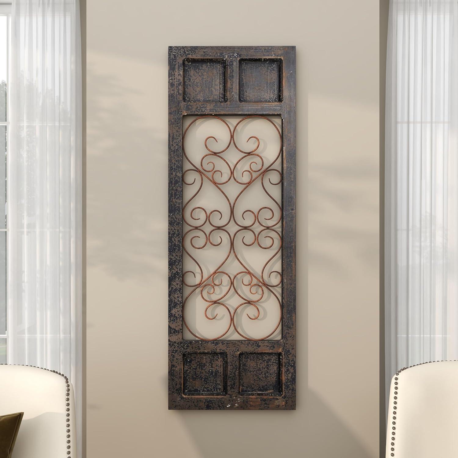 Olivia & May Traditional Wood Scroll Window Inspired Wall Decor with Metal Scrollwork Relief Brown: Vertical Iron Frame, Carved Art Object