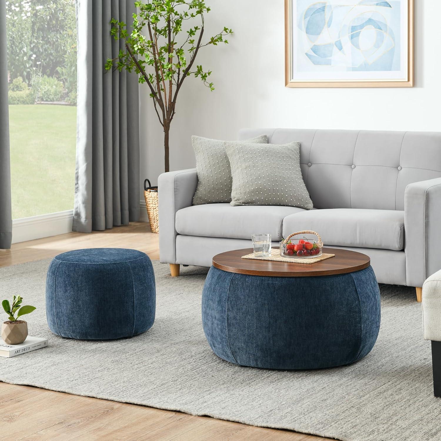 2-Piece Set Round Chenille Storage Ottoman, Equipped with a Drum Shaped Small Stool, Storage Space, and MDF Made Desktop Panel (Dark Blue, 25"x25"x14.7")