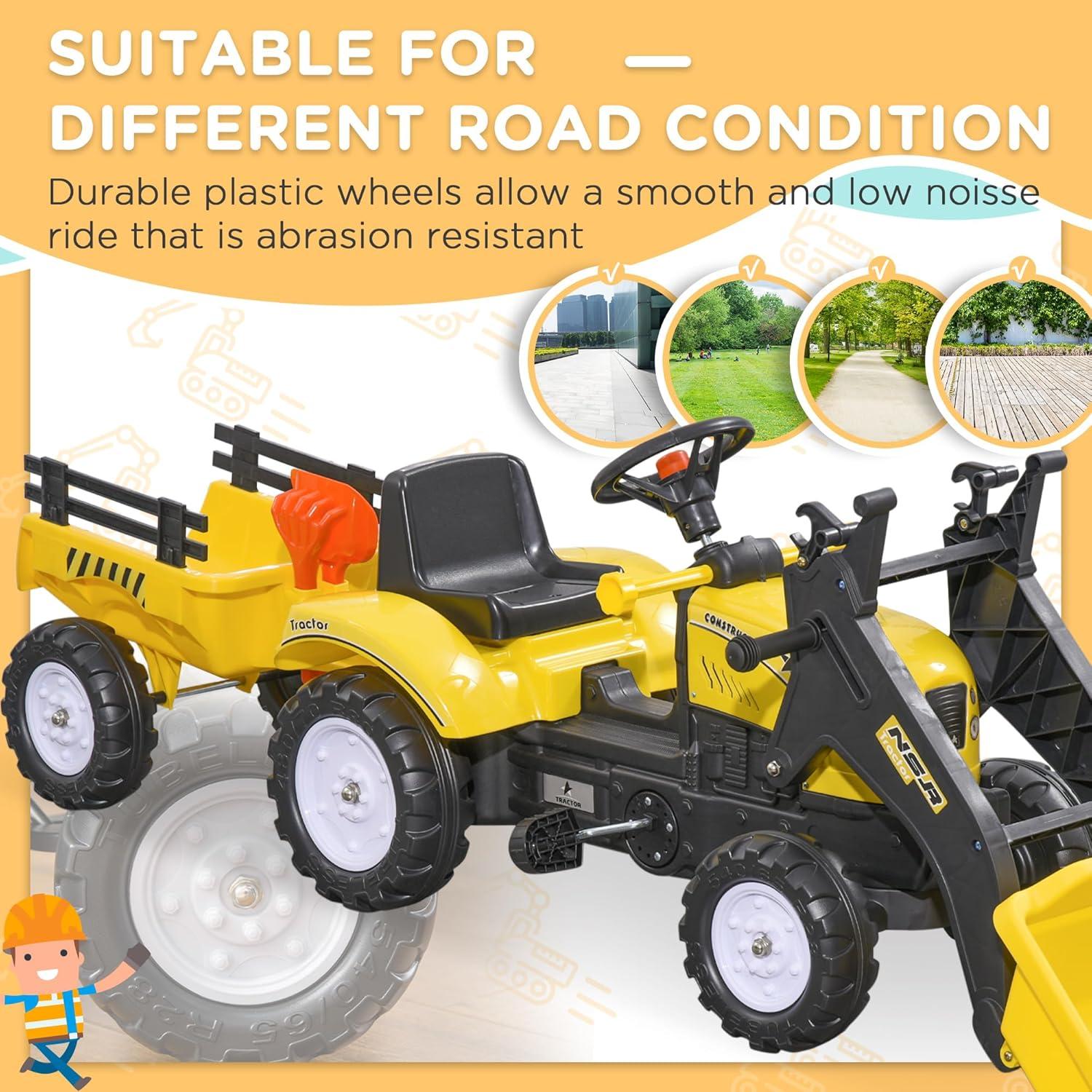 Aosom Front Loader Excavator Ride On Toy Kids Pretend Play Digger Tractor Construction Truck Pedal Control W/ 6 Wheels Controllable Bucket For 3-6 Years Old