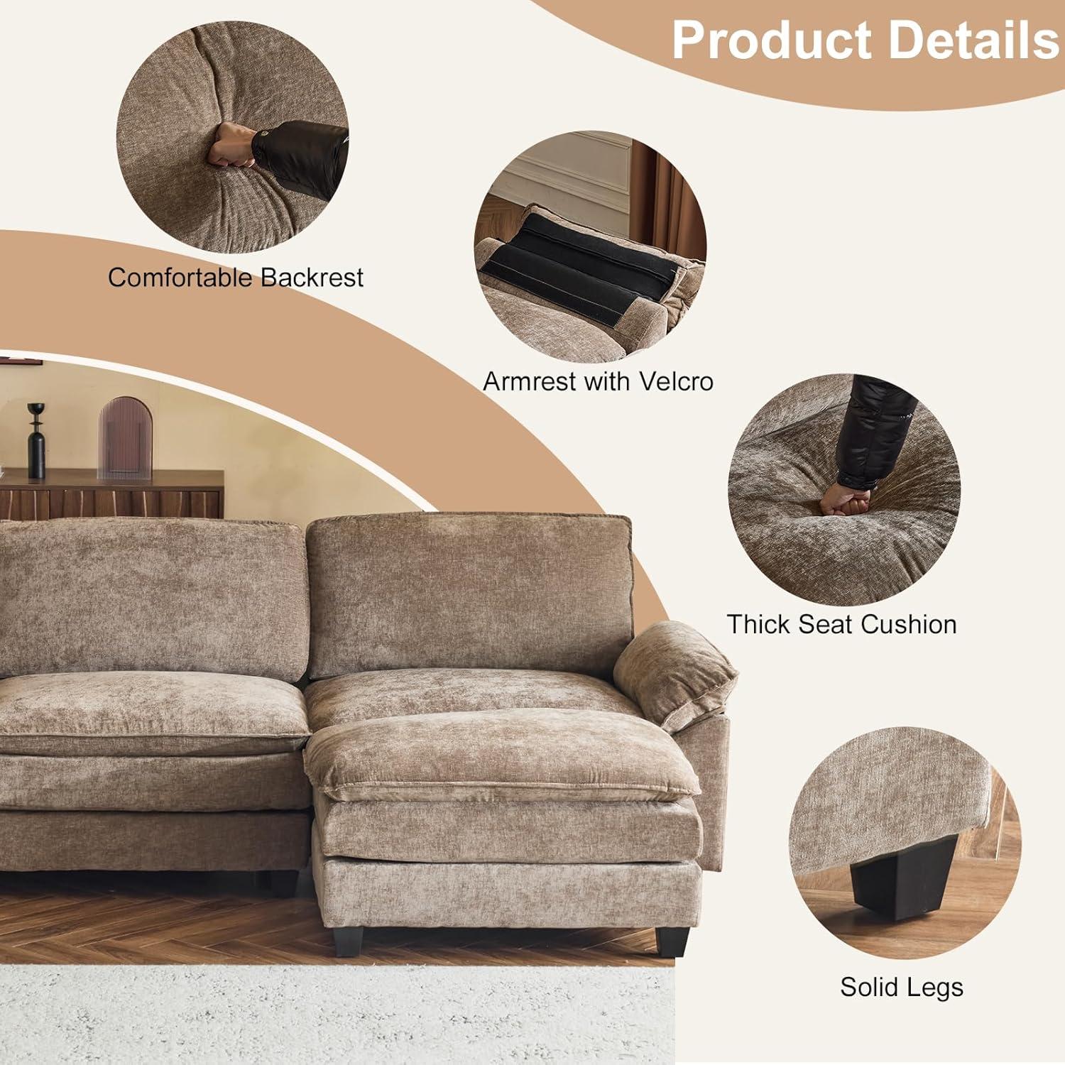 Karl home Sectional Sofa Modular Deep Seat Sofa Couch with Ottoman, Chenille Sofa Sleeper Comfy Upholstered Furniture for Living Room, Apartment, Studio, Office, (3-Seat & 1-Ottoman, Light Brown)