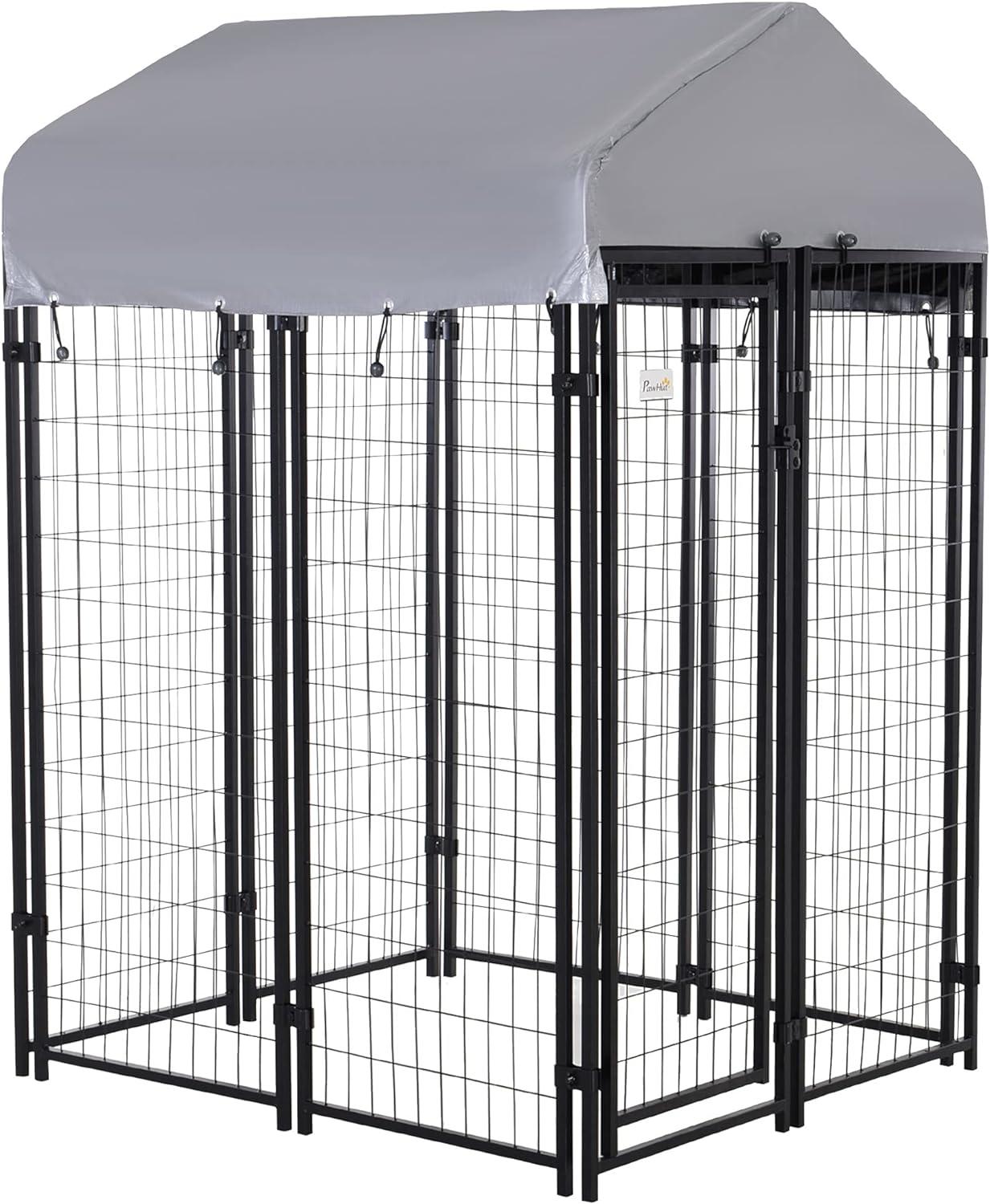 PawHut Medium Black Metal Dog Kennel with Roof