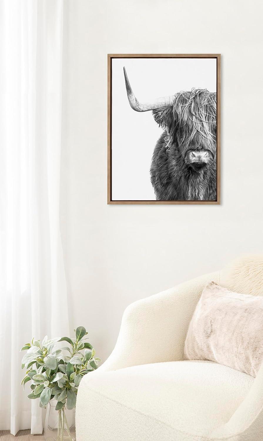 Kate and Laurel Sylvie B&W Highland Cow No. 1 Framed Canvas Wall Art by Amy Peterson Art Studio, 18x24 Gold, Black and White Animal Portrait Art