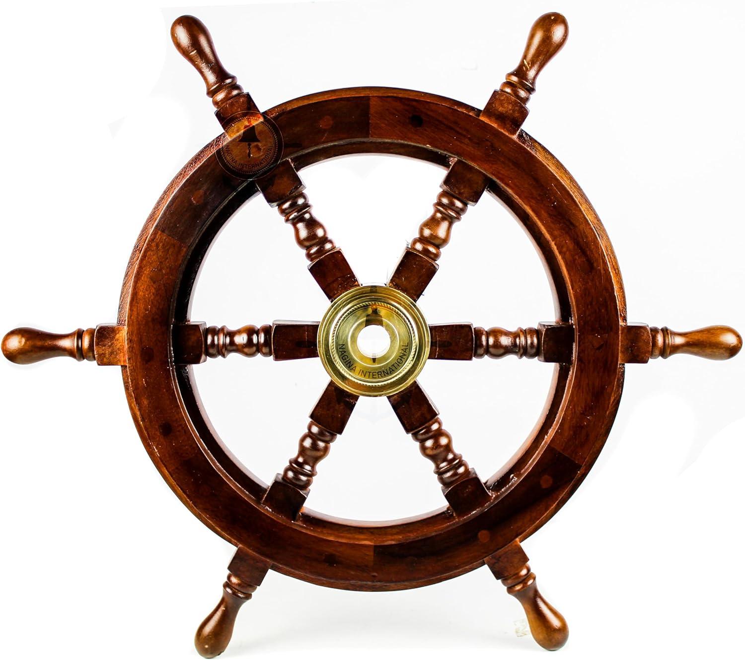 24" Dark Rosewood and Brass Nautical Ship Wheel Decor