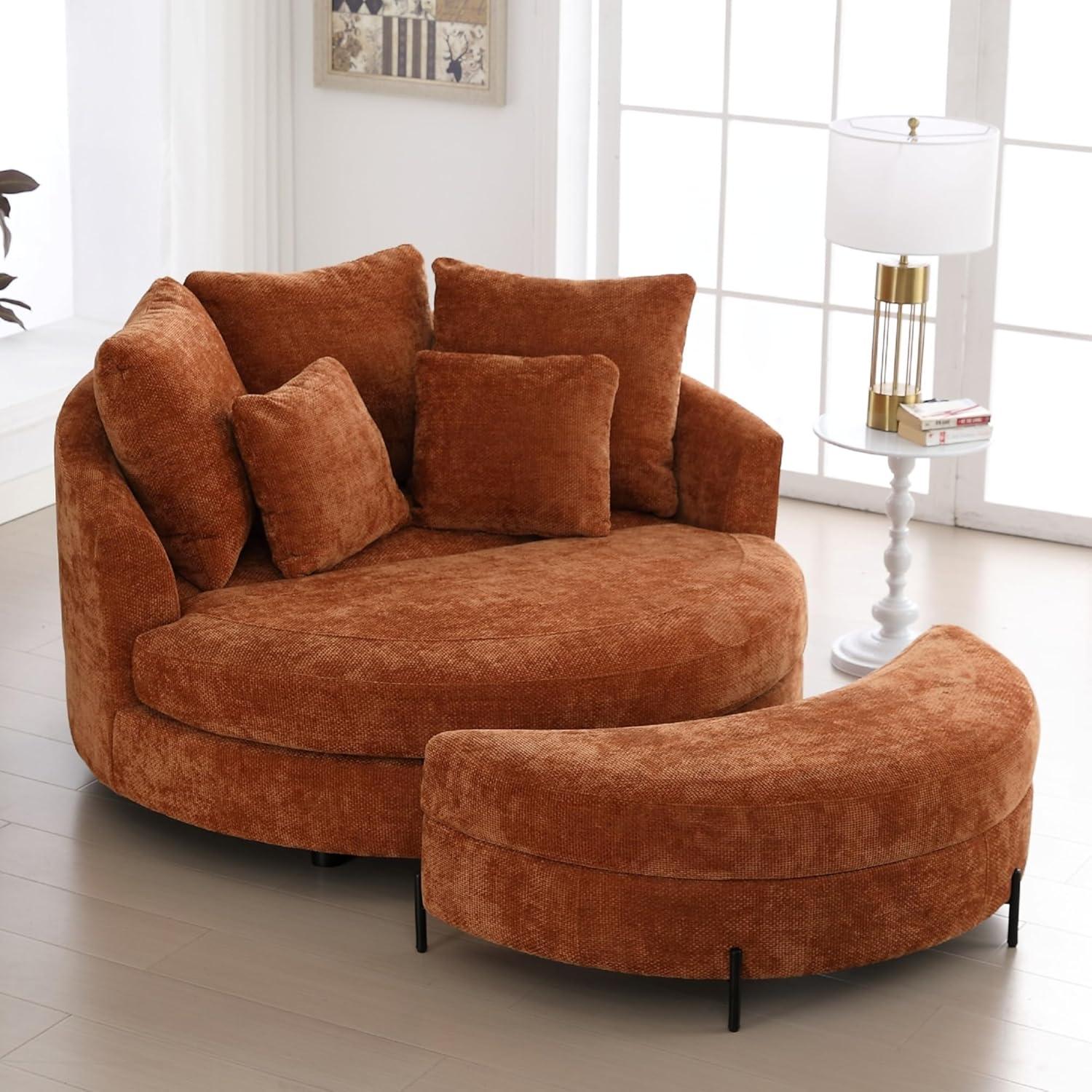 Sinzho & Wiyfun 59.8" W Upholstered Oversized Round Barrel Chair Extra Large Accent Chair with Half Moon Storage Ottoman & Wheels & 5 Pillows for Living Room, Knitted Chenille Fabric, Burnt Orange