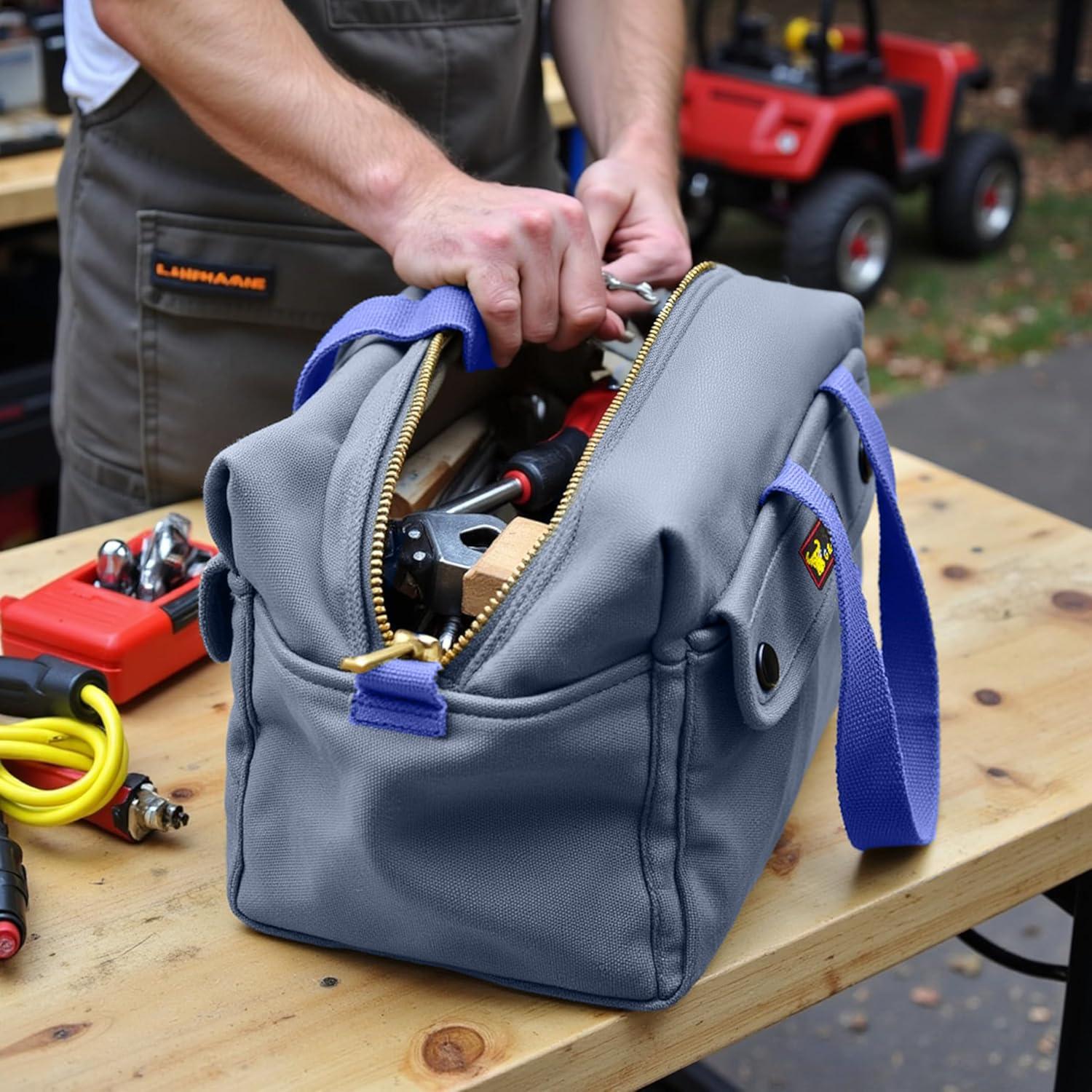 G & F Products New Tool Bag, Mechanics Style, Brass Zipper, Side Pockets, Grey, 11 Inch Long, 1 Pack
