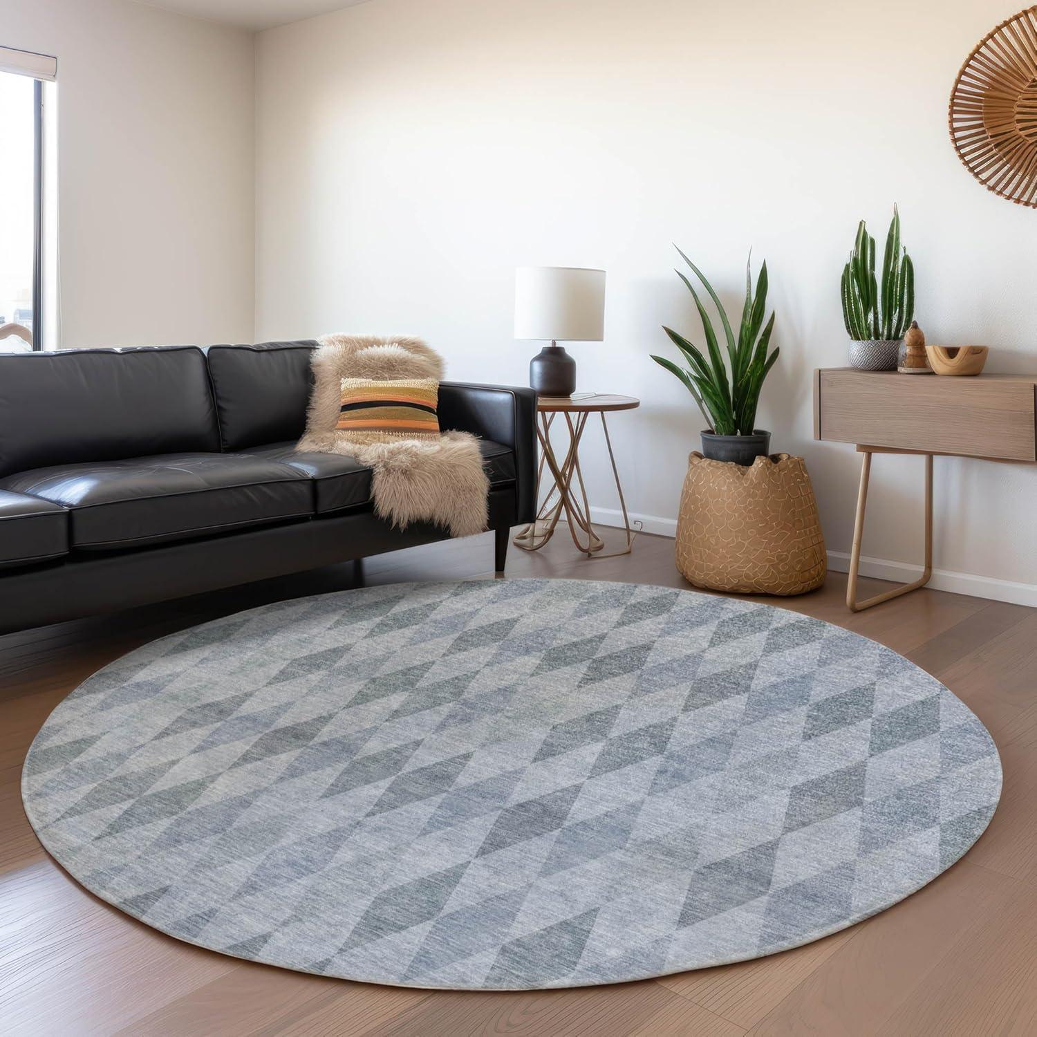 Denim Blue Round Geometric Machine-Washable Area Rug